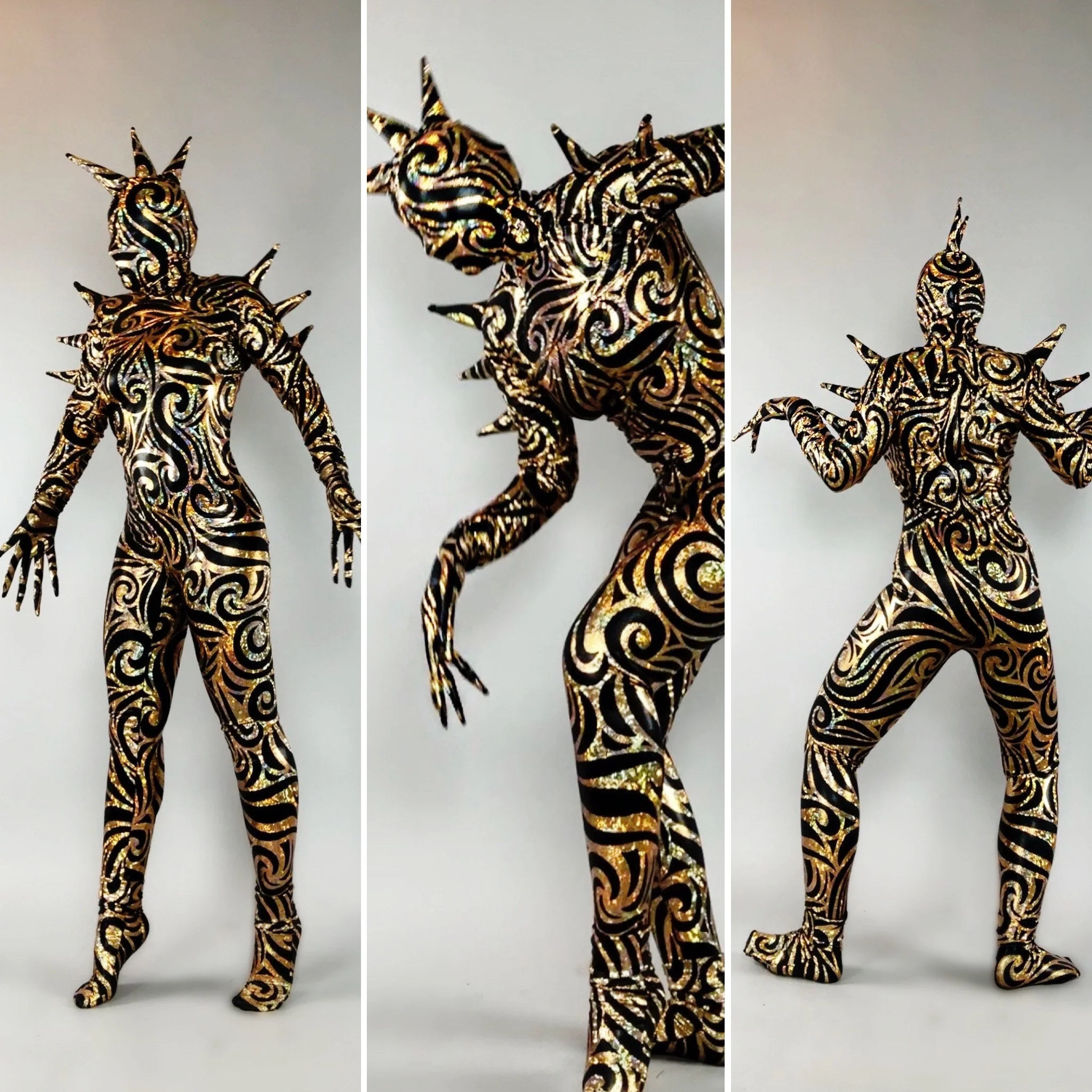 Alien Full Body Costume Set, Turtleneck Catsuit, Spiked Accessories, Open-Eye Headpiece - Image 10