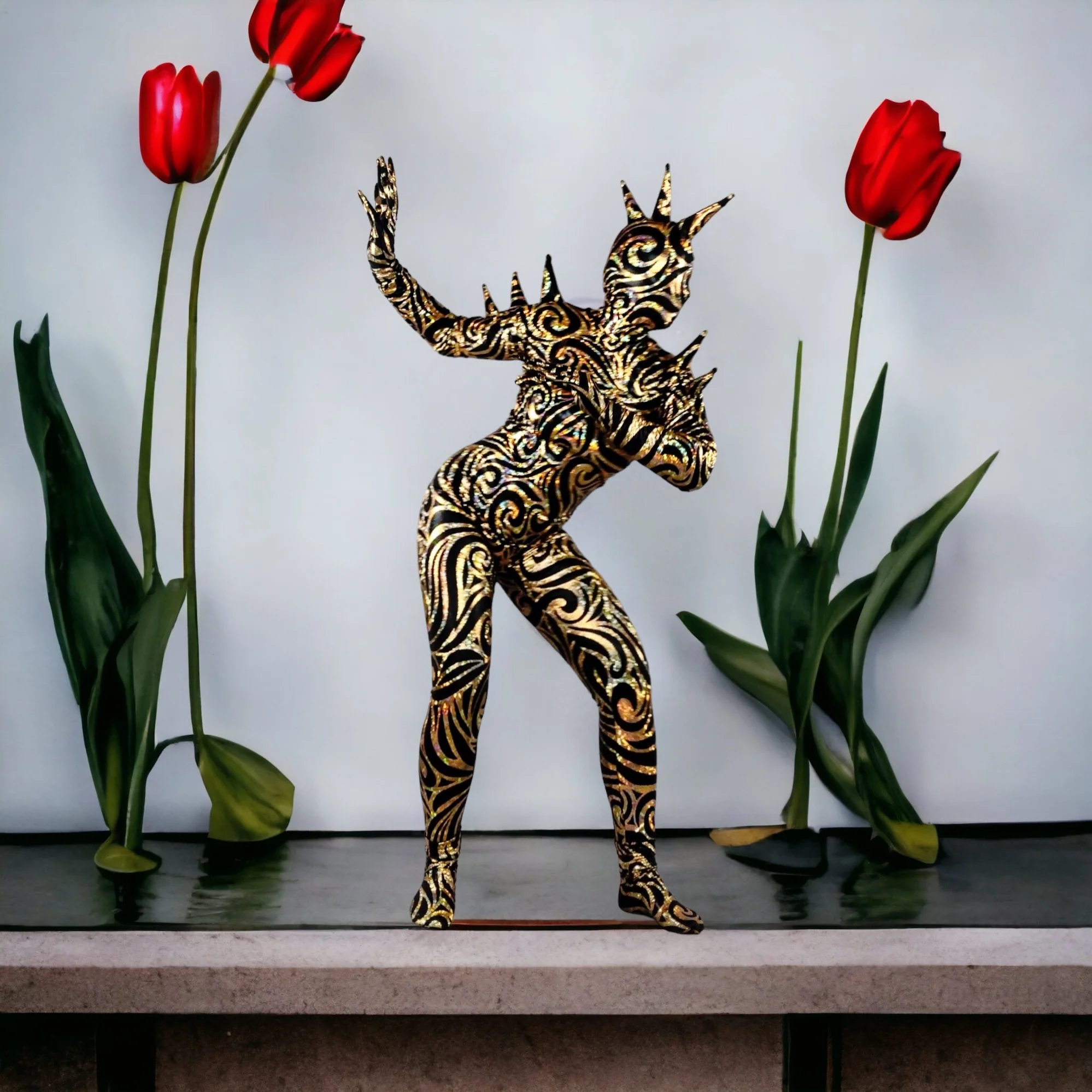 Alien Full Body Costume Set, Turtleneck Catsuit, Spiked Accessories, Open-Eye Headpiece - Image 3