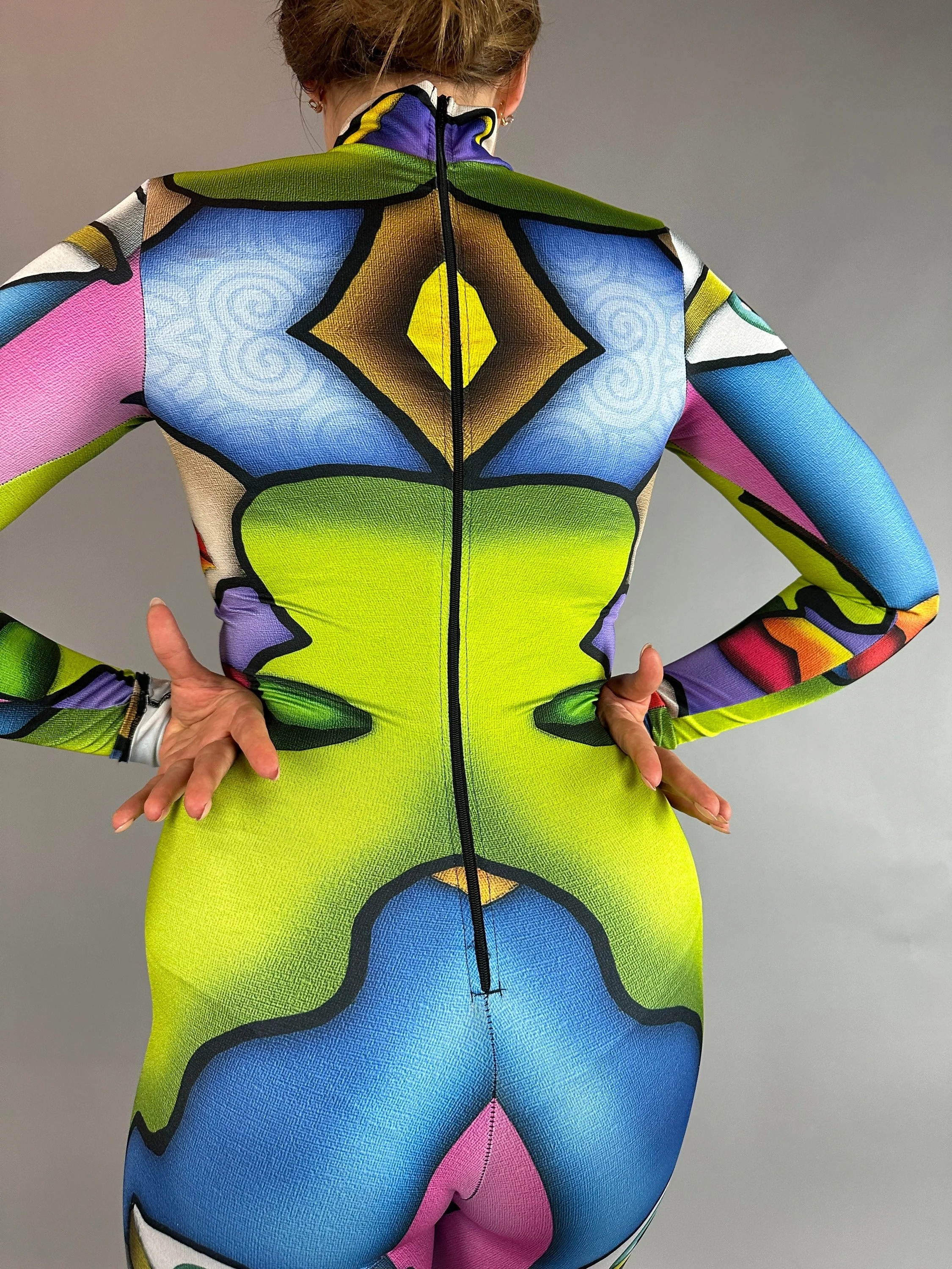 Multicolor Picasso Catsuit, Turtleneck, Long Sleeves - Image 11