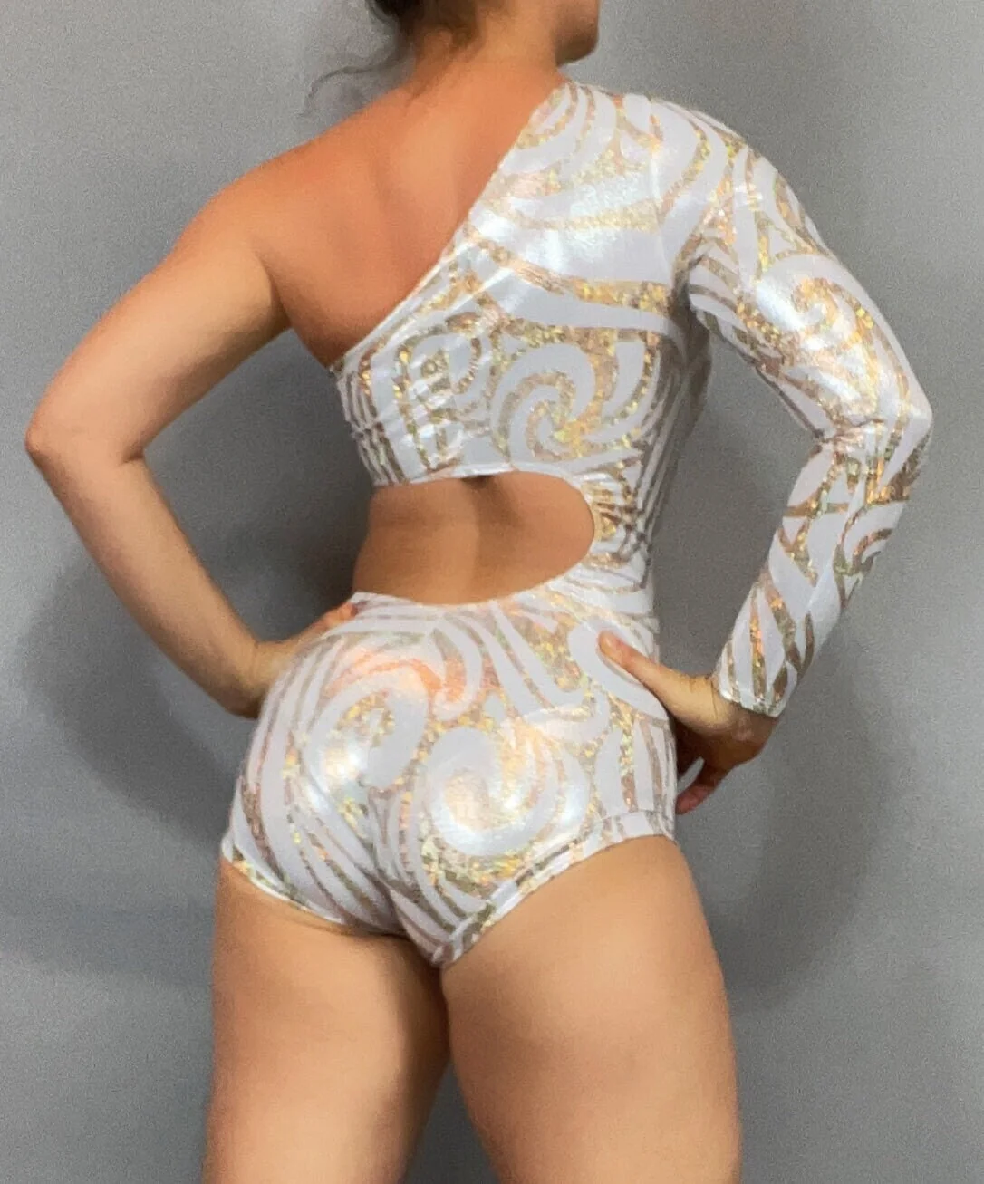 Asymmetric One-Sleeve Cutout Leotard, Swirl Print, Spandex - Image 6