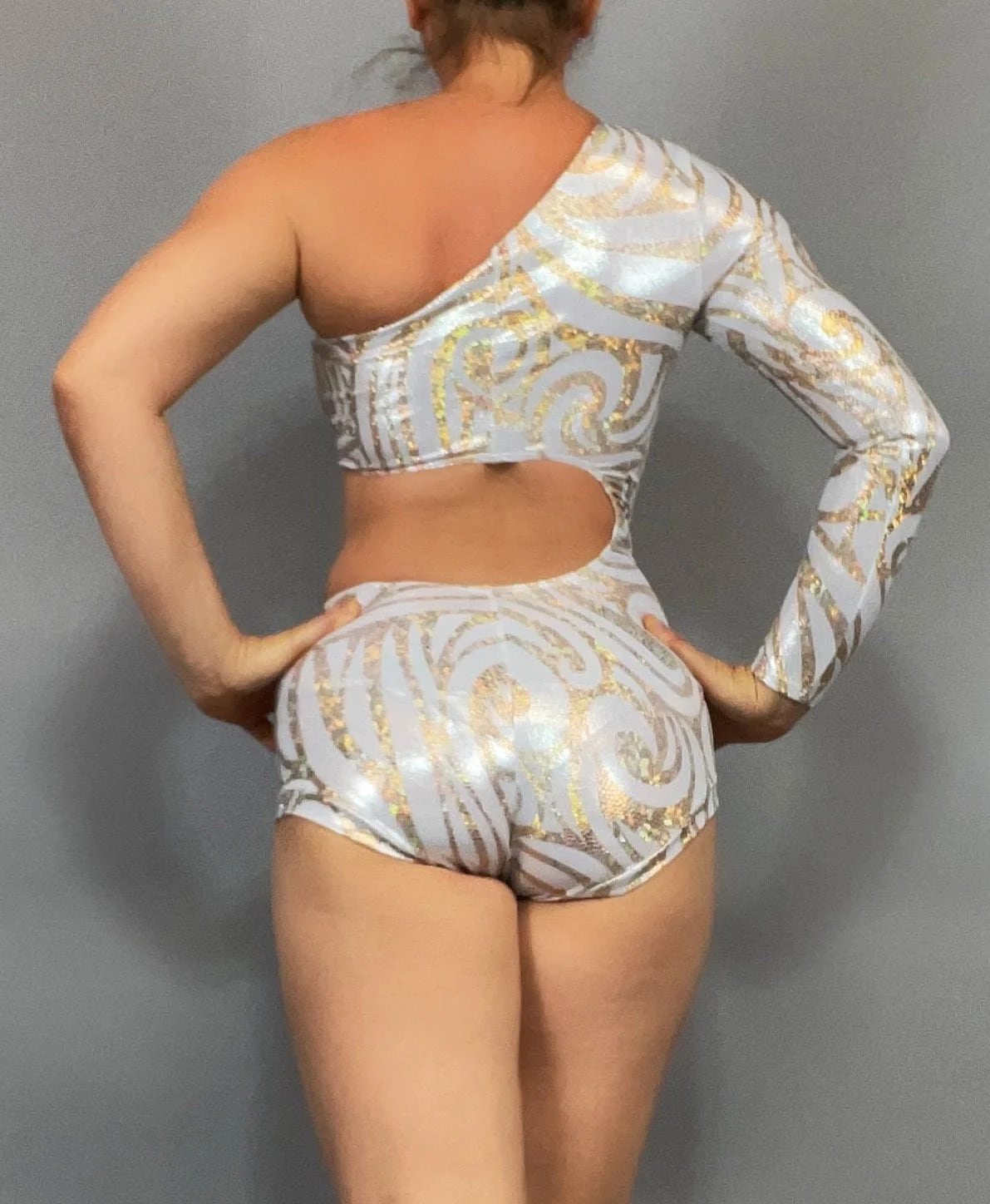 Asymmetric One-Sleeve Cutout Leotard, Swirl Print, Spandex - Image 7