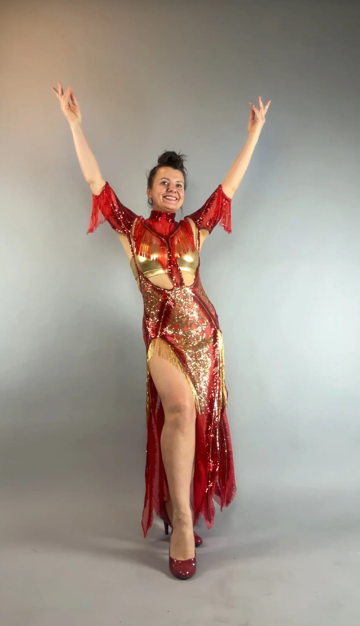Red Sequin Sheer Dress, Gold Beaded Fringe Gown, Backless Maxi Dress with Slits, Sheer Mesh Party Outfit, Gold Spandex Bra