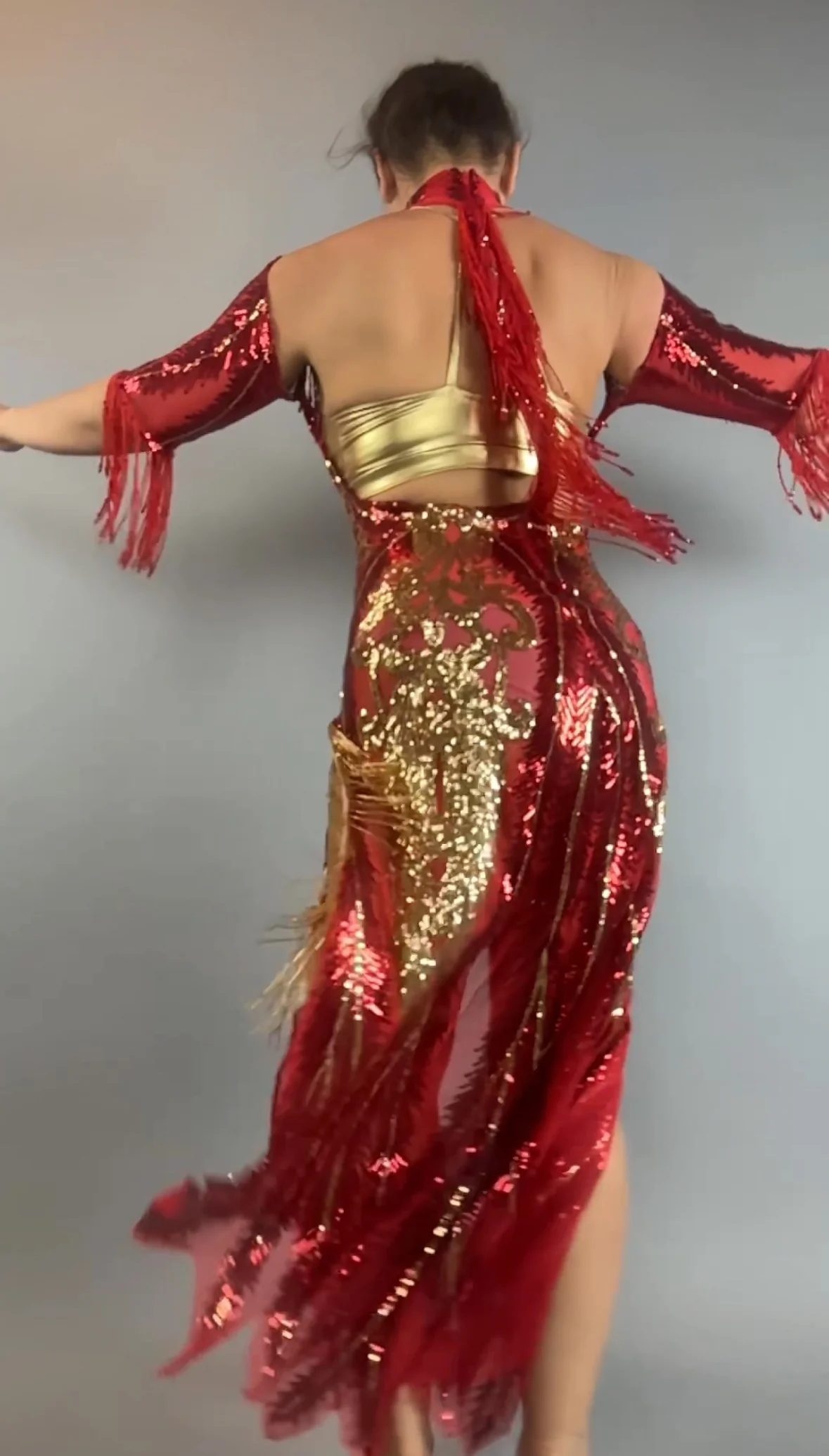Red Sequin Sheer Dress, Gold Beaded Fringe Gown, Backless Maxi Dress with Slits, Sheer Mesh Party Outfit, Gold Spandex Bra - Image 15