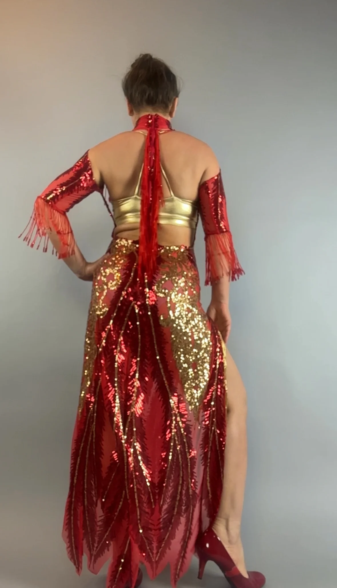 Red Sequin Sheer Dress, Gold Beaded Fringe Gown, Backless Maxi Dress with Slits, Sheer Mesh Party Outfit, Gold Spandex Bra - Image 21