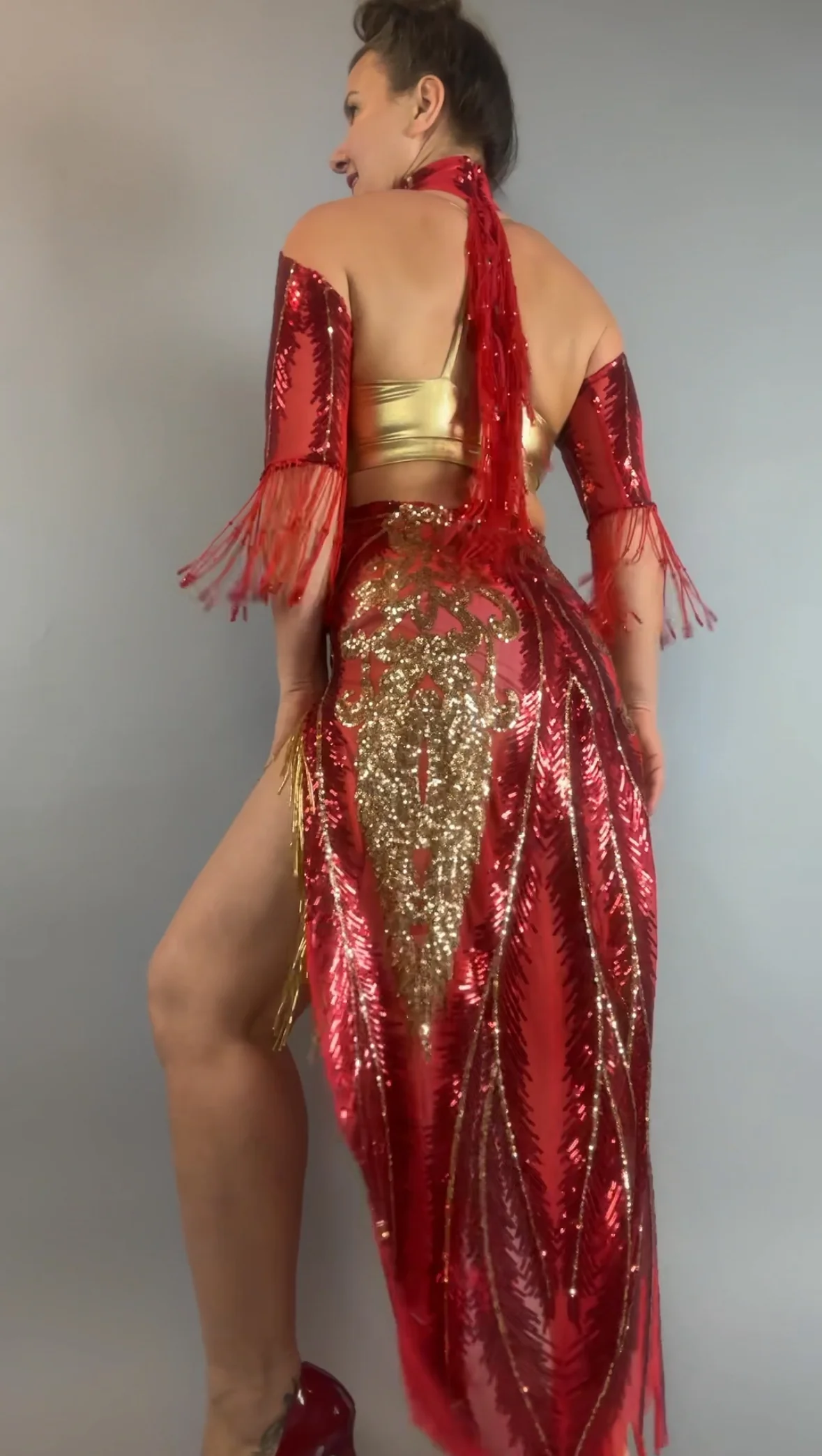 Red Sequin Sheer Dress, Gold Beaded Fringe Gown, Backless Maxi Dress with Slits, Sheer Mesh Party Outfit, Gold Spandex Bra - Image 26
