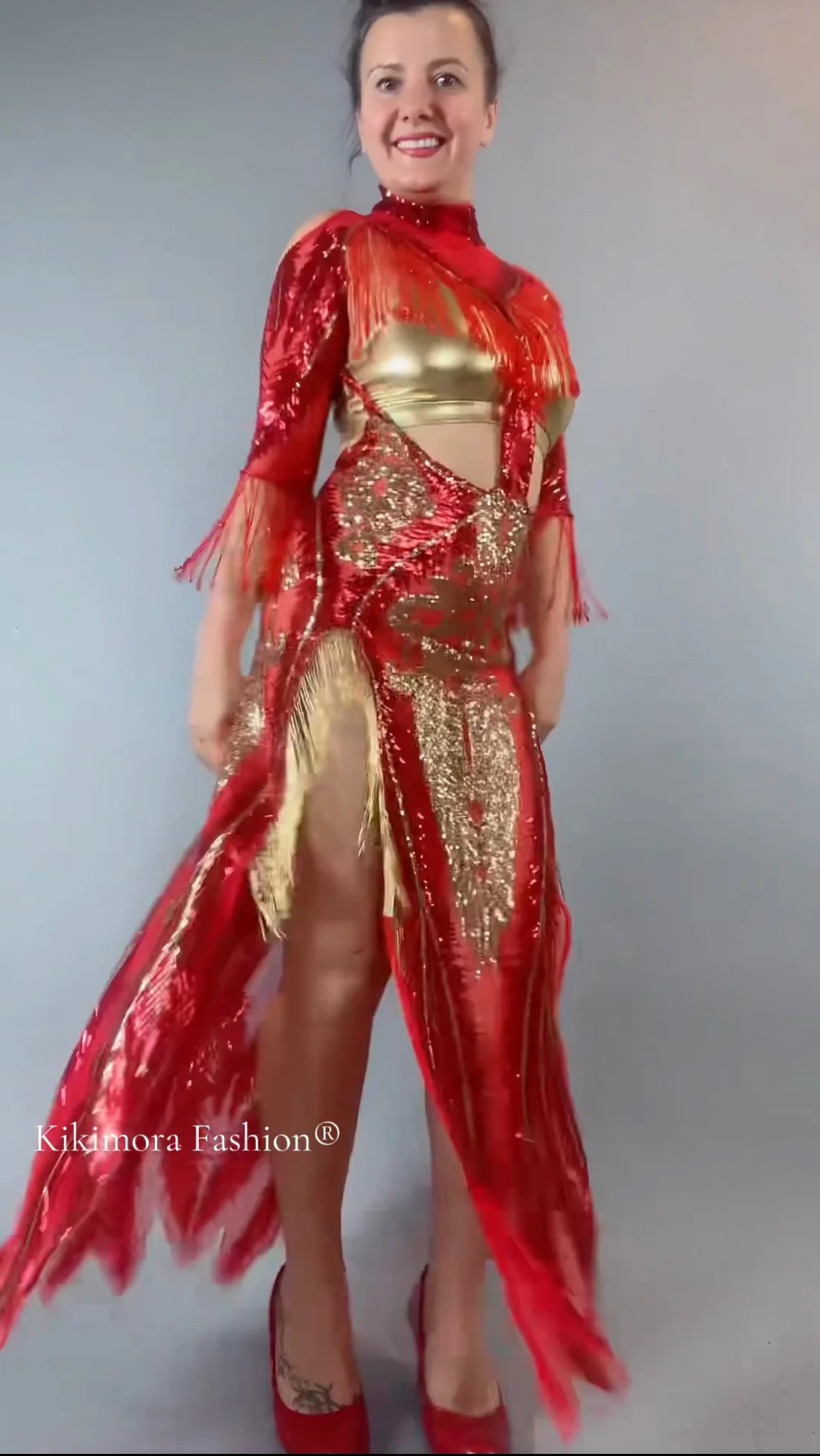 Red Sequin Sheer Dress, Gold Beaded Fringe Gown, Backless Maxi Dress with Slits, Sheer Mesh Party Outfit, Gold Spandex Bra - Image 29