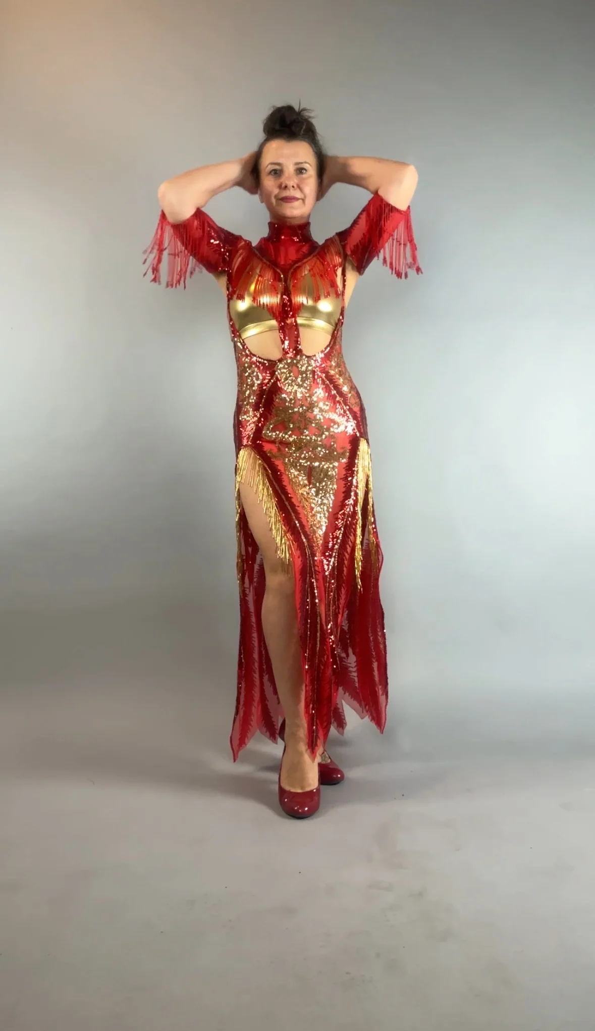 Red Sequin Sheer Dress, Gold Beaded Fringe Gown, Backless Maxi Dress with Slits, Sheer Mesh Party Outfit, Gold Spandex Bra - Image 3