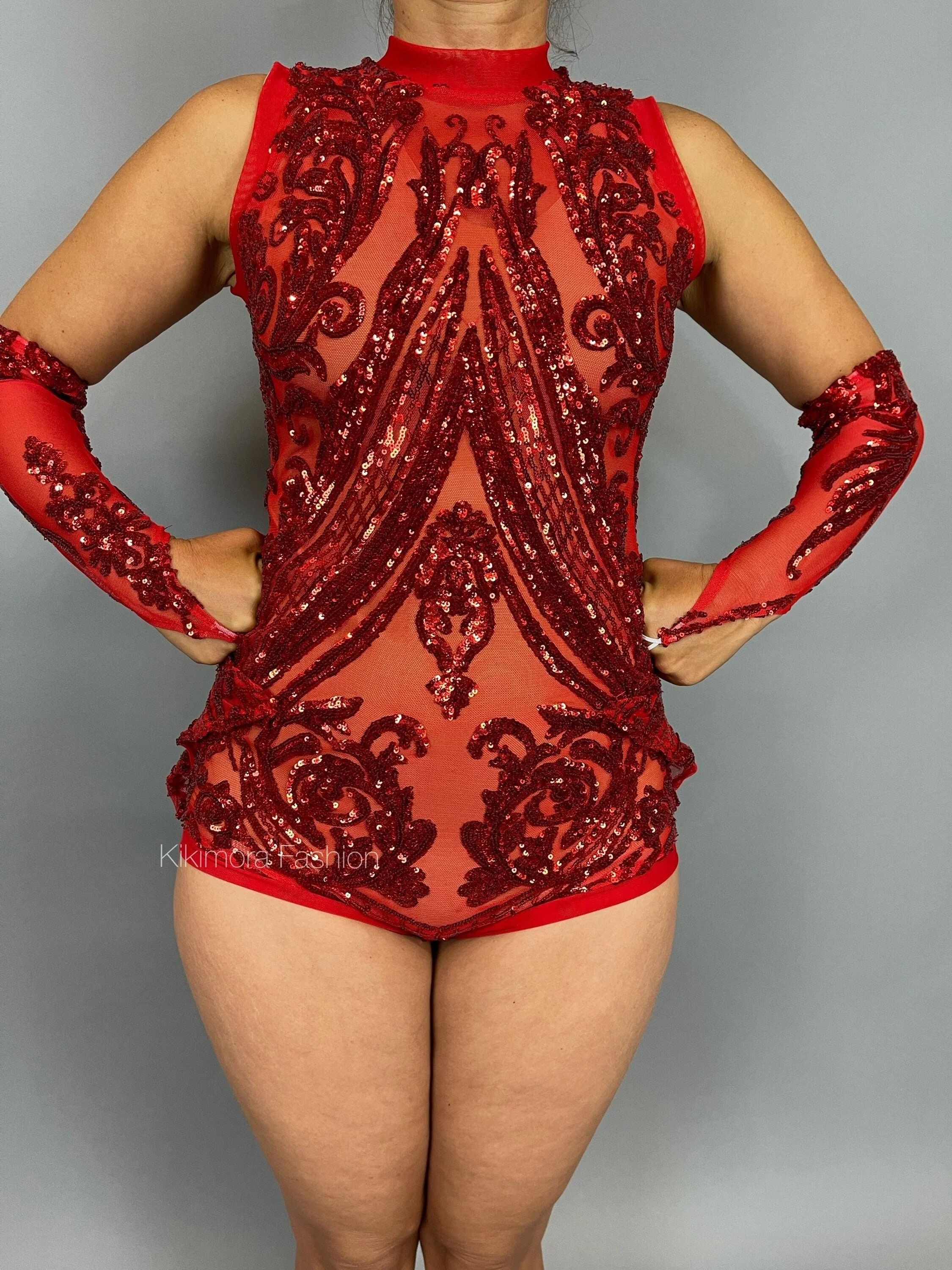 Red Sequin Leotard, Sheer Mesh Bodysuit, Open Back Unitard, Showgirl Costume, Pole Dance Outfit, Aerialist Wear, Figure Skating Dress - Image 3