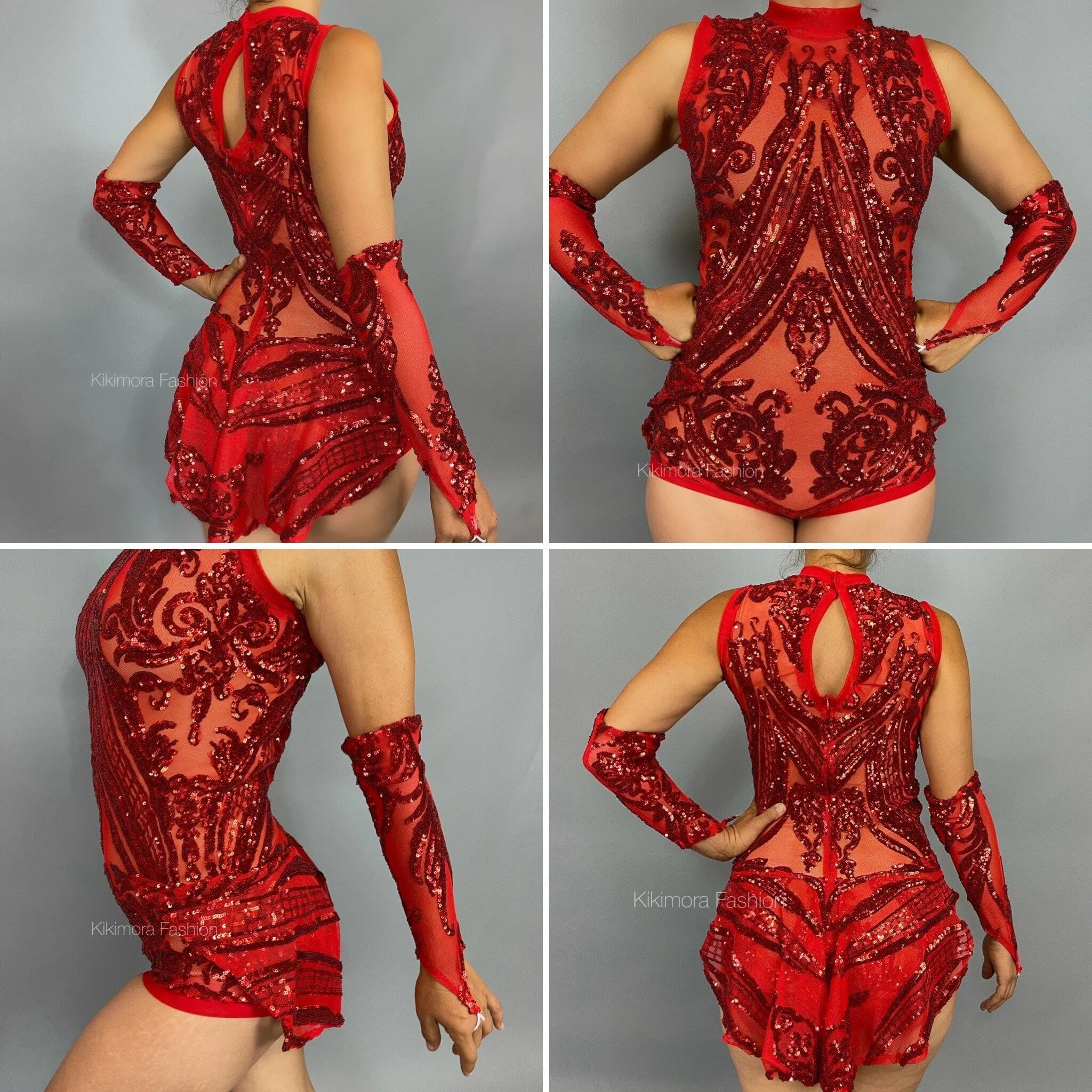Red Sequin Leotard, Sheer Mesh Bodysuit, Open Back Unitard, Showgirl Costume, Pole Dance Outfit, Aerialist Wear, Figure Skating Dress - Image 9