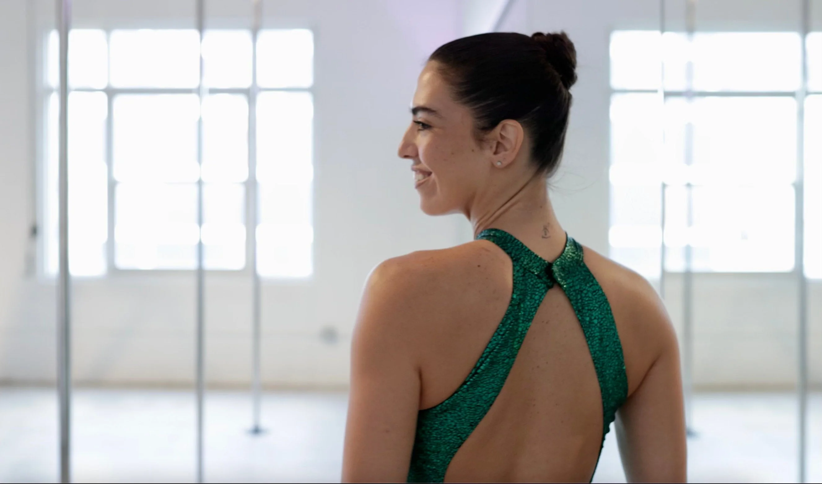 Beautiful Bodysuit, Exotic Dancewear, Green Metallic Catsuit, Gymnastics Unitard, Halter Neck Jumpsuit, Open Back Bodysuit - Image 8