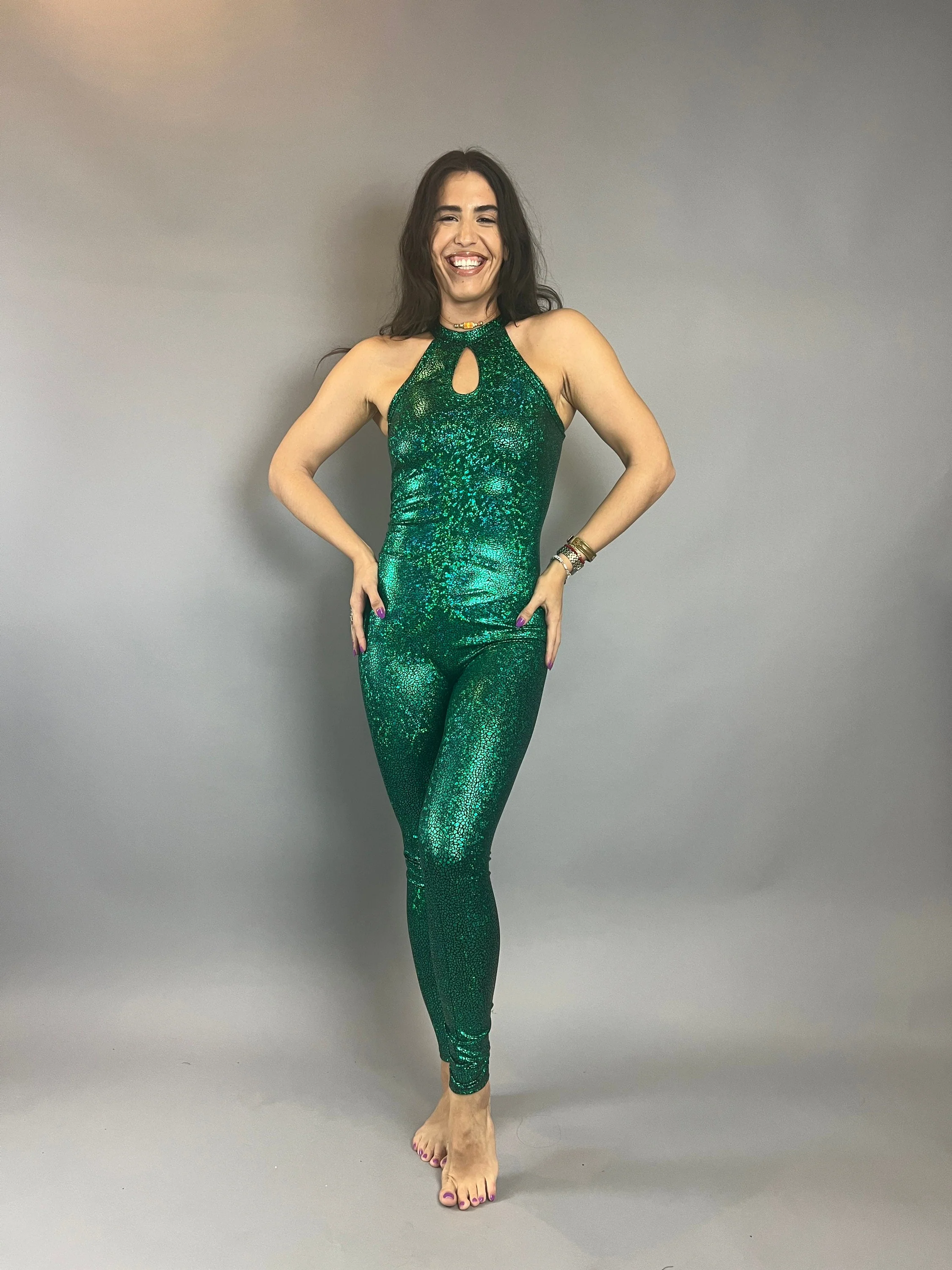 Beautiful Bodysuit, Exotic Dancewear, Green Metallic Catsuit, Gymnastics Unitard, Halter Neck Jumpsuit, Open Back Bodysuit - Image 9