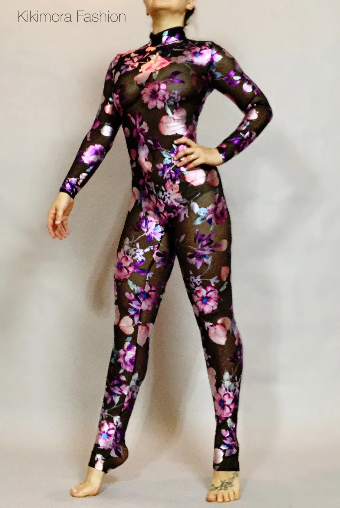 Night Bloom Floral Sheer Black Catsuit, Sheer Bodysuit, Turtleneck, Full Sleeves - Image 4