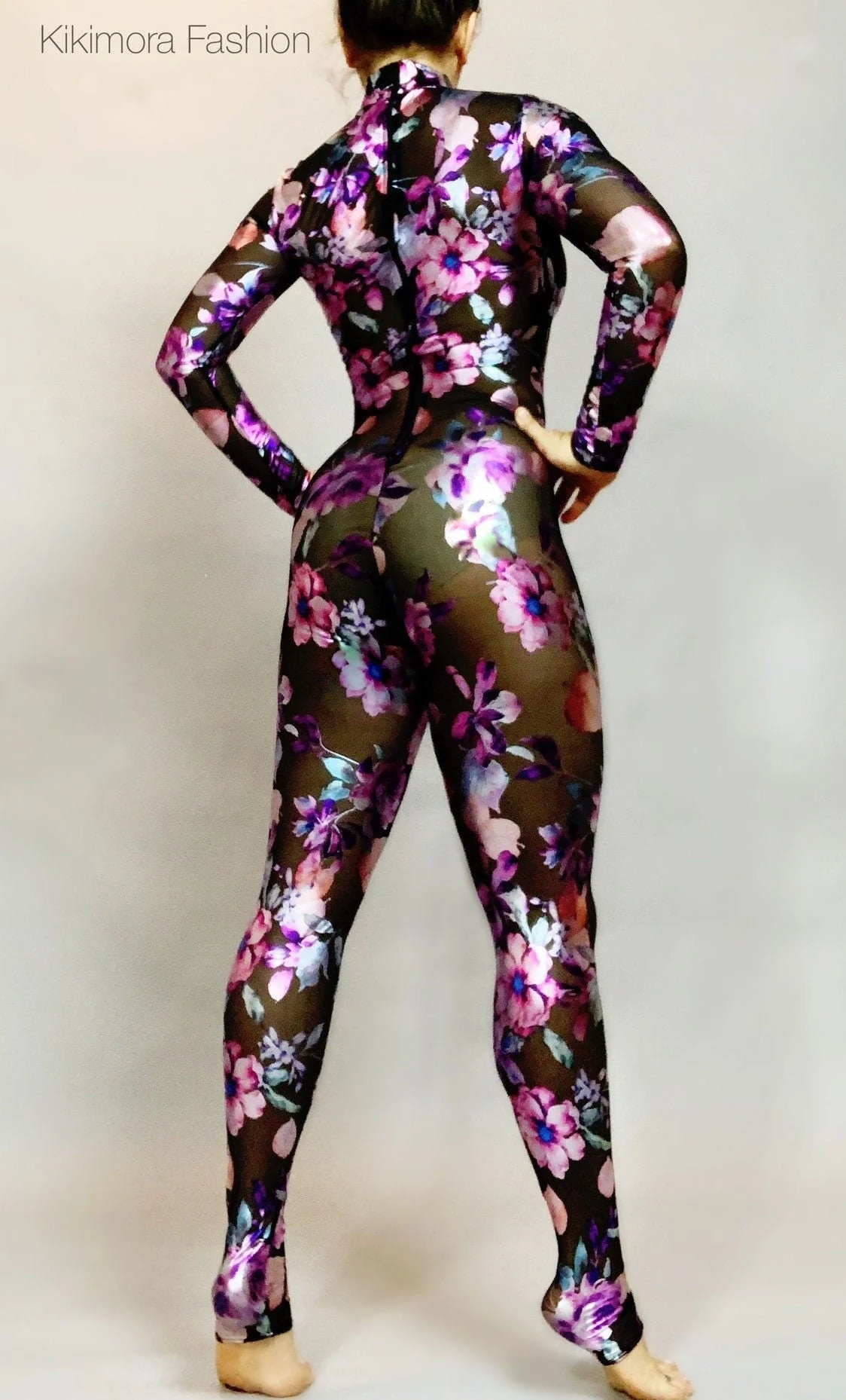 Night Bloom Floral Sheer Black Catsuit, Sheer Bodysuit, Turtleneck, Full Sleeves - Image 9