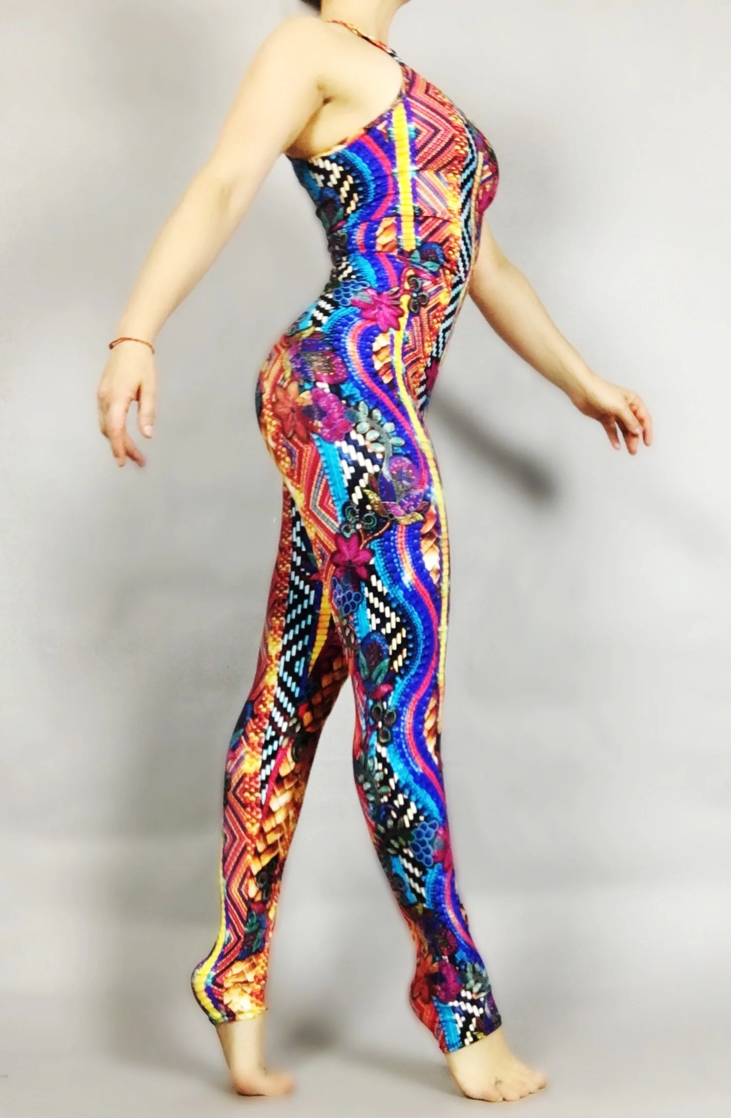 Vibrant Abstract Print Catsuit, Firming Spandex Jumpsuit, Sleeveless Halter Bodysuit, Full Body Stretch Performance Wear, Custom - Image 3