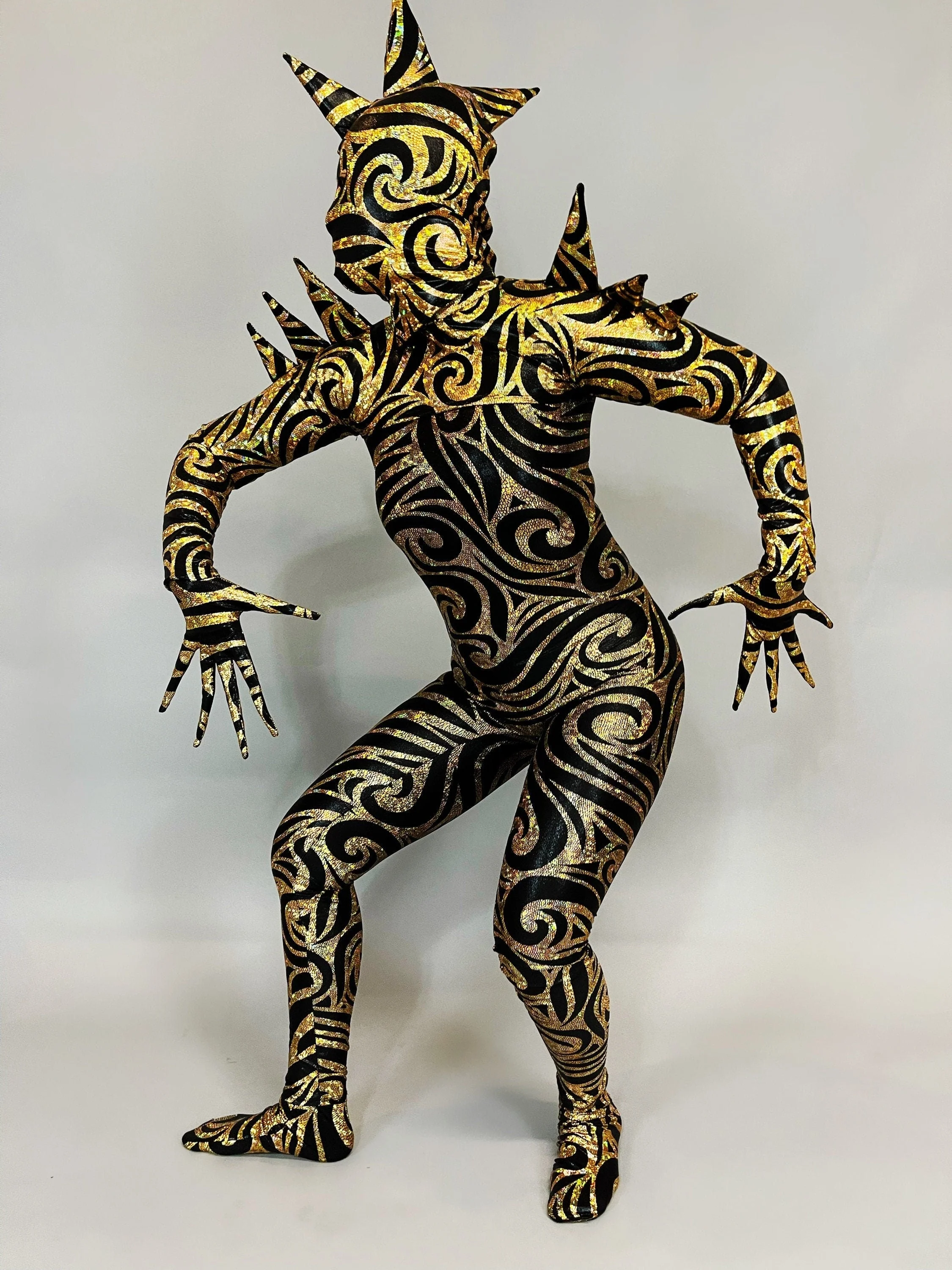 Gold Stilt Walker Costume, Circus Performance Outfit, Stilt Covers, Swirl Print Bodysuit, Carnival Parade Wear, Festival Entertainment, Spiked Shoulder Jumpsuit - Image 3
