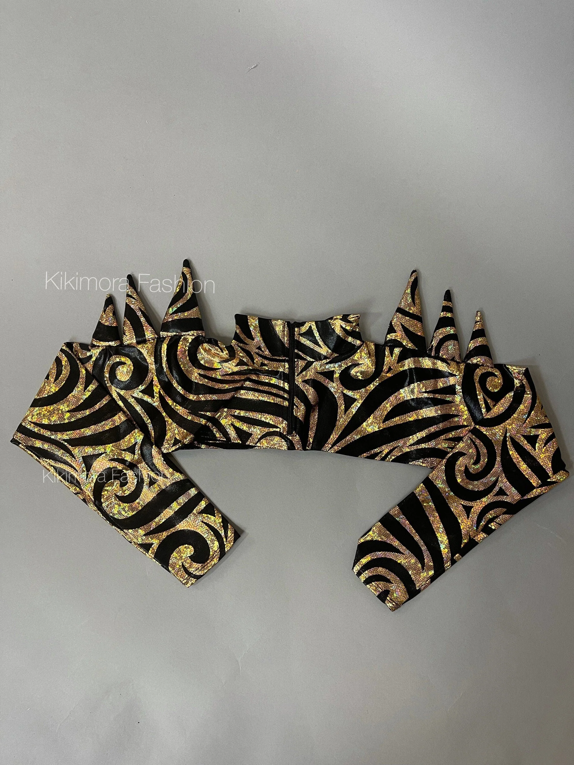 Gold Stilt Walker Costume, Circus Performance Outfit, Stilt Covers, Swirl Print Bodysuit, Carnival Parade Wear, Festival Entertainment, Spiked Shoulder Jumpsuit - Image 7