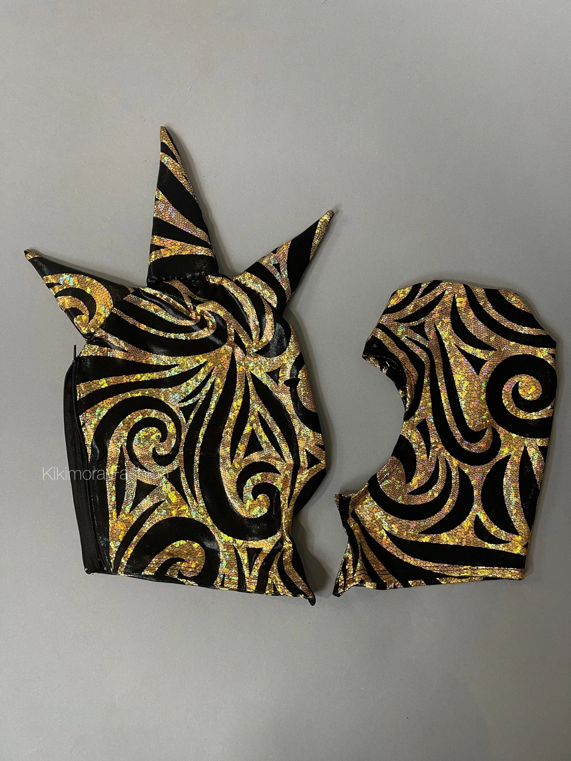 Gold Stilt Walker Costume, Circus Performance Outfit, Stilt Covers, Swirl Print Bodysuit, Carnival Parade Wear, Festival Entertainment, Spiked Shoulder Jumpsuit - Image 9
