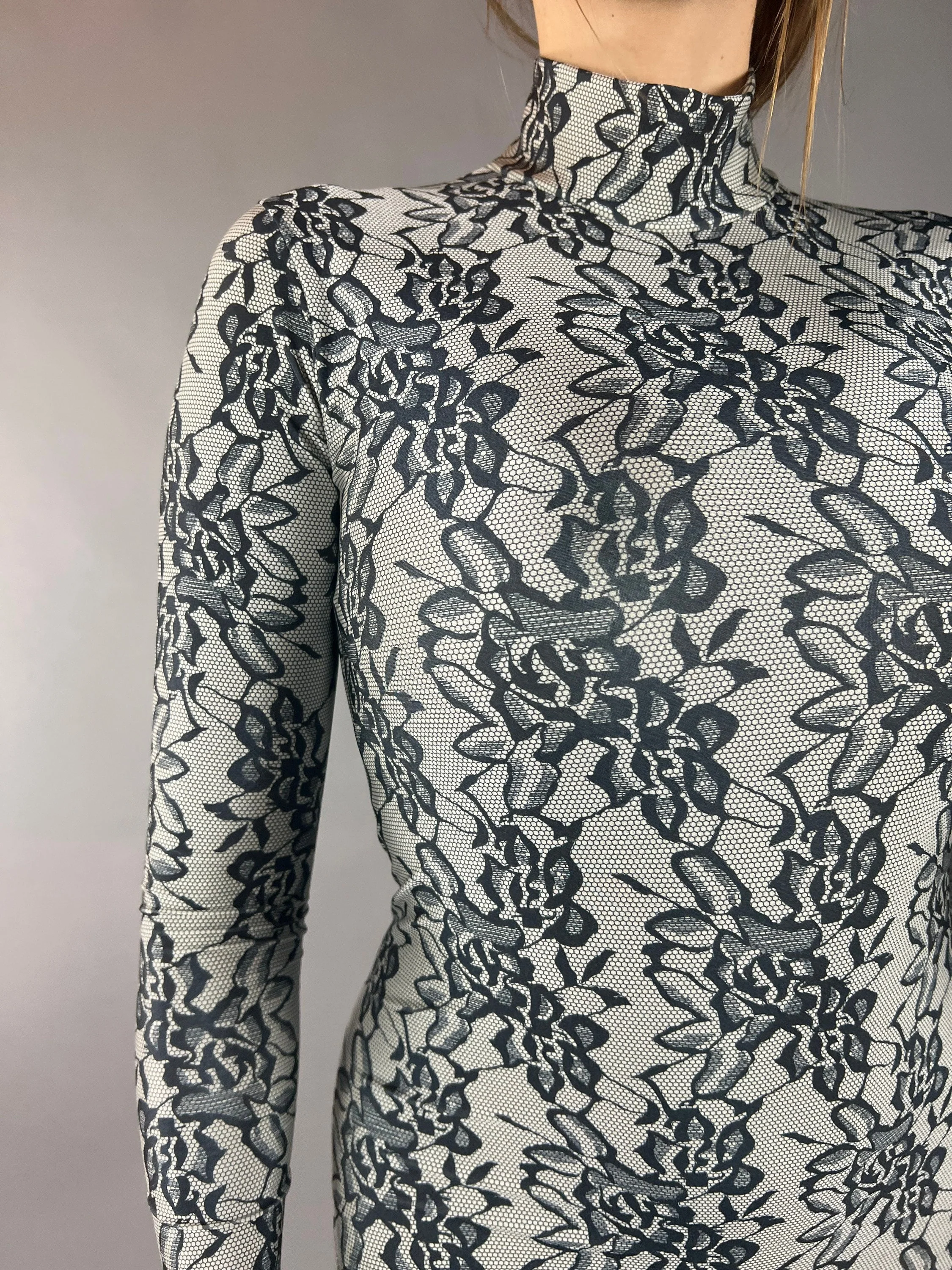 Black Floral Catsuit, High Neckline, Full Arm Coverage - Image 10