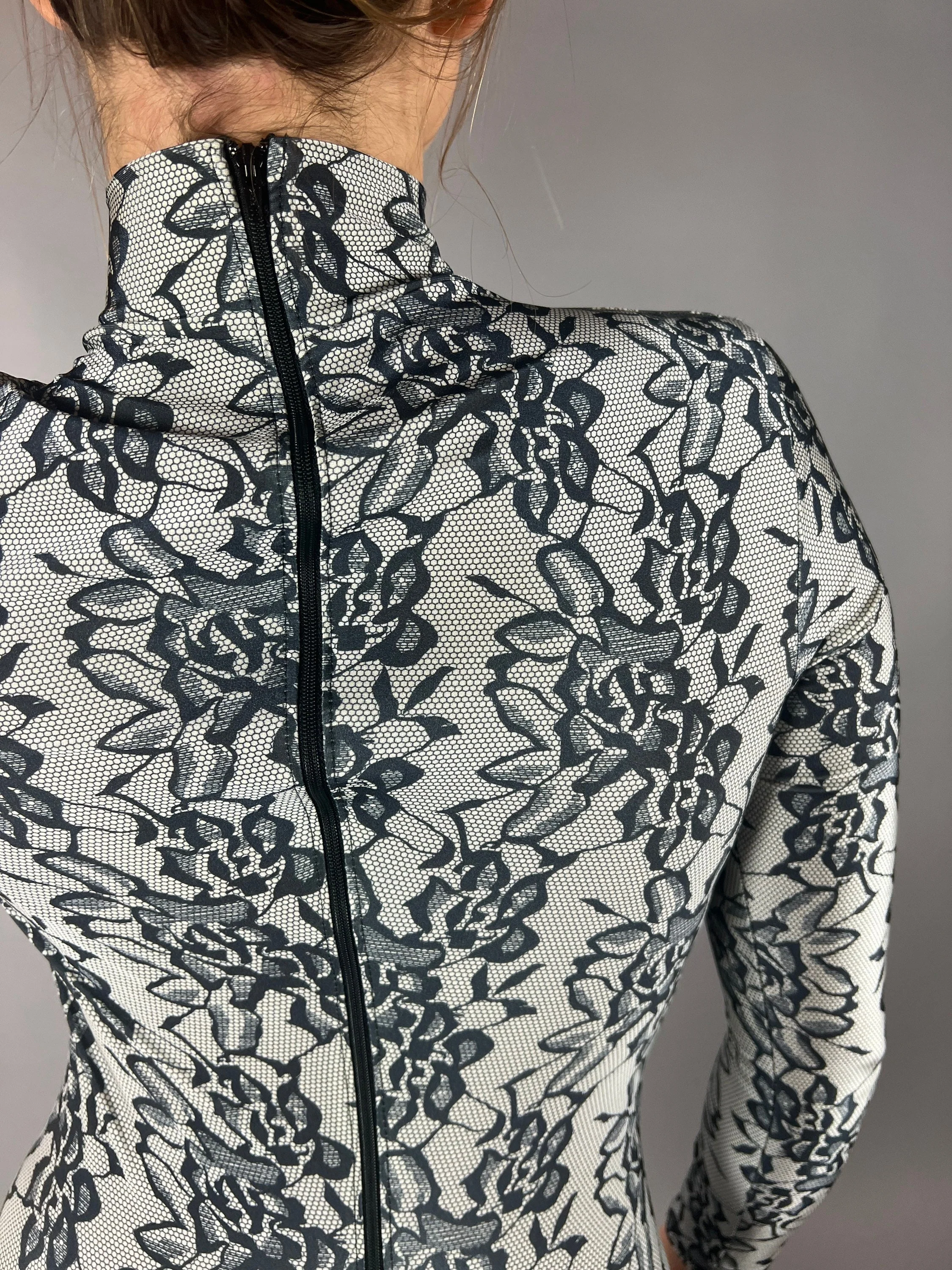 Black Floral Catsuit, High Neckline, Full Arm Coverage - Image 3