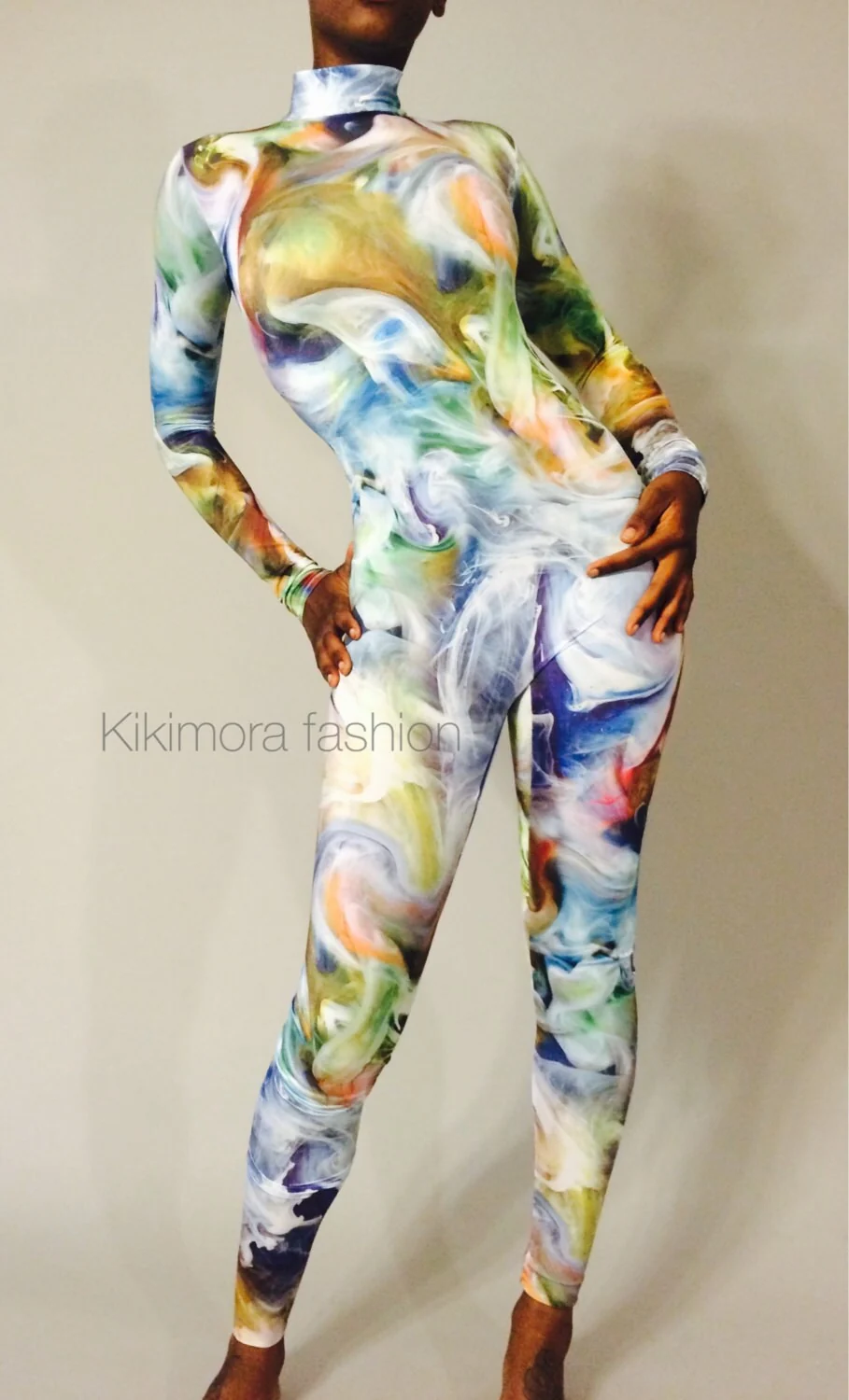 Smoky Marble Catsuit, Abstract Print Jumpsuit, Long Sleeve Unitard, Mock Neck Bodysuit, Aerialist Costume, Festival Fashion, Spandex Dancewear - Image 3