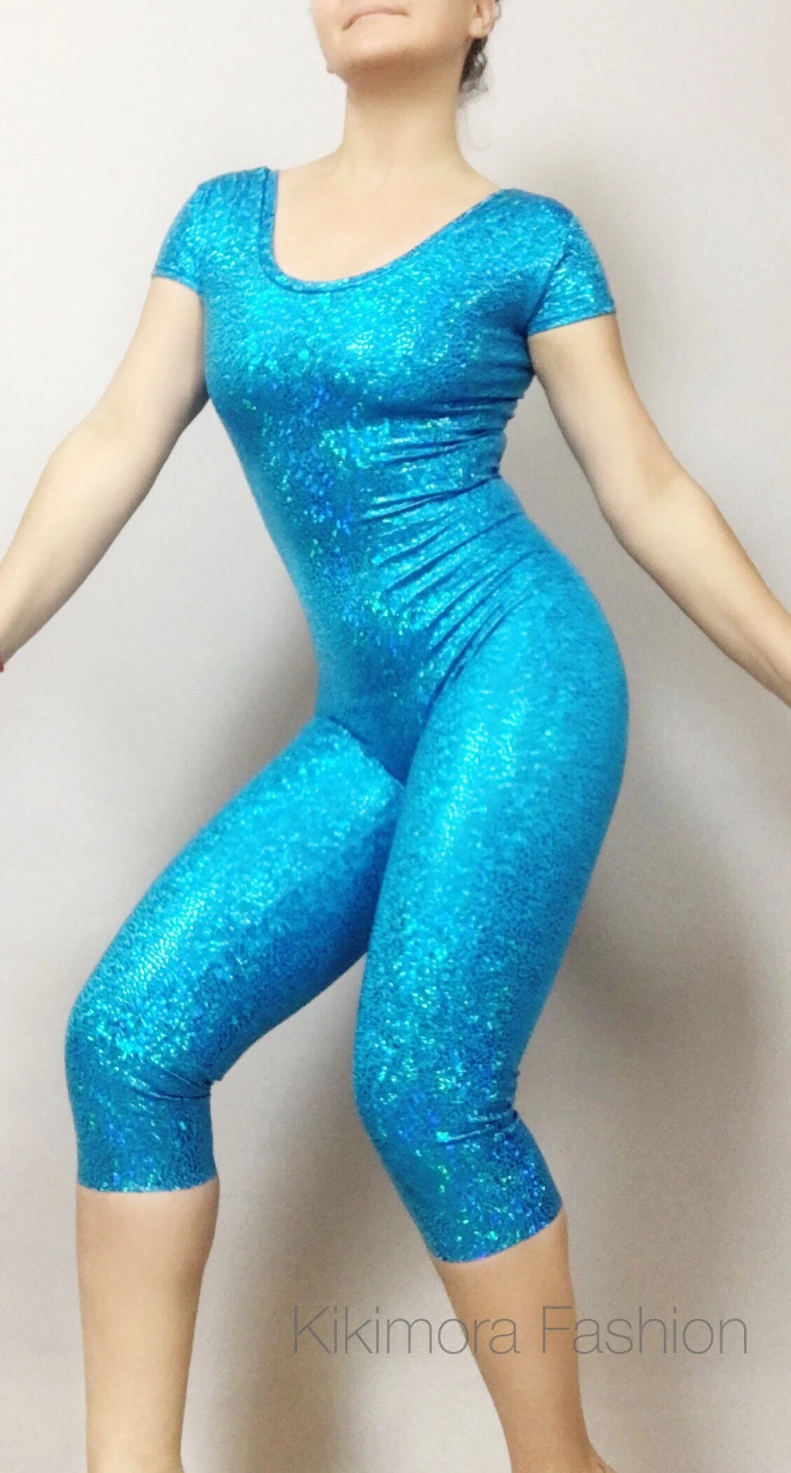 Beautiful Leotard for Women or Men, Blue Holographic Catsuit, Exotic Dance Wear, Aerialist Costume, Capri Unitard, Gymnastics Outfit - Image 3