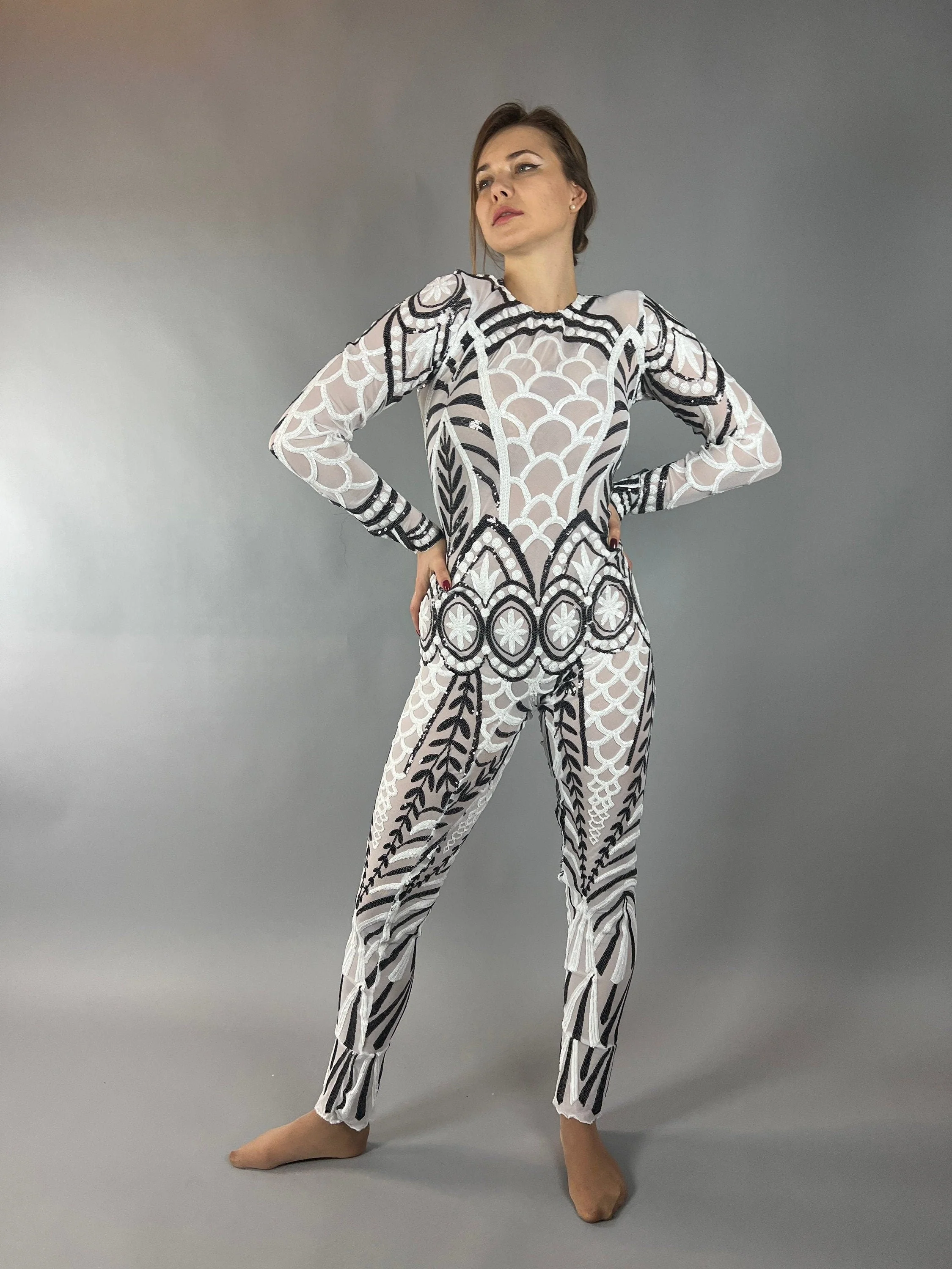Black and White Sequin Catsuit, Scoop Neck, Full Sleeves - Image 7