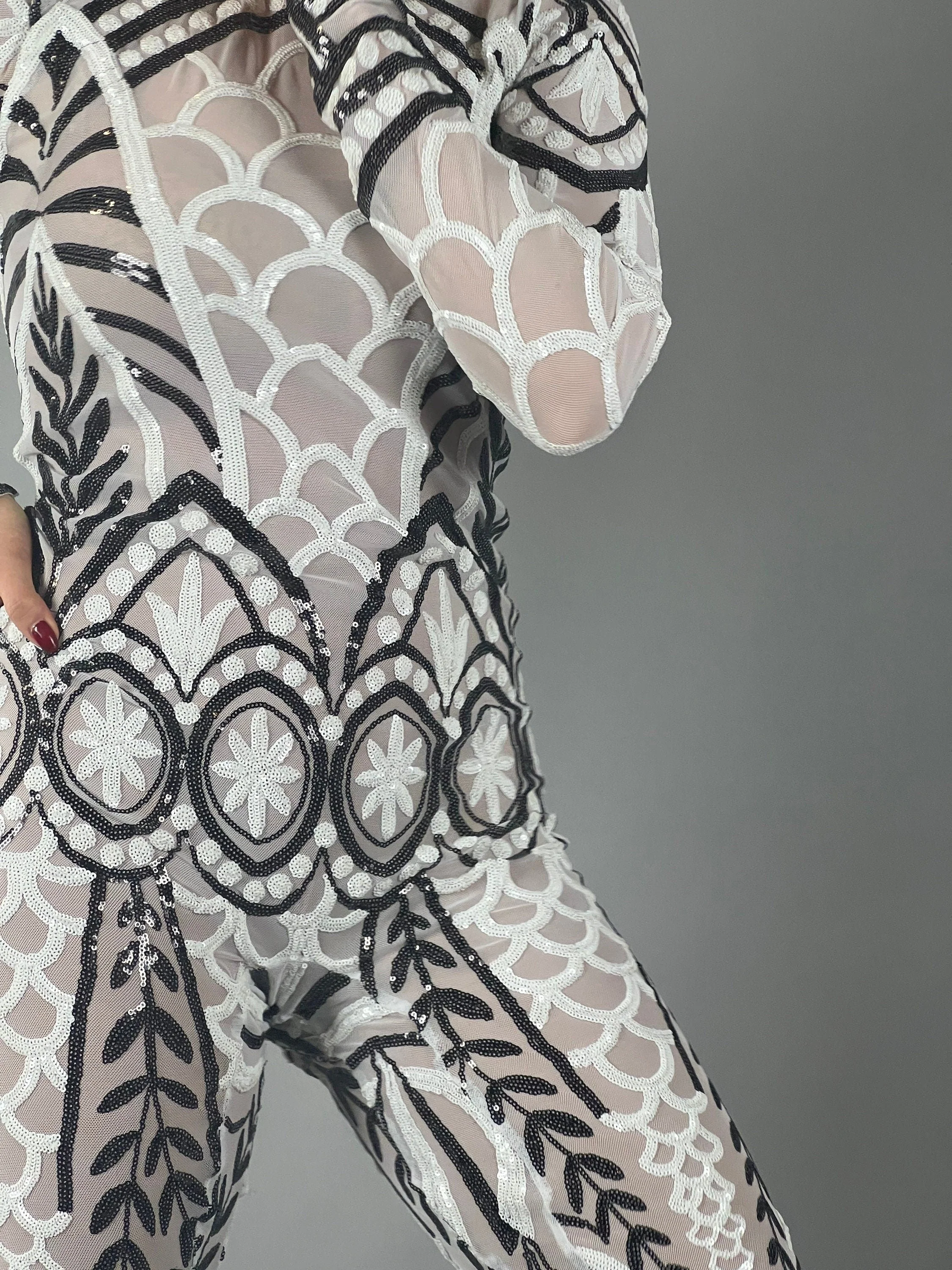Black and White Sequin Catsuit, Scoop Neck, Full Sleeves - Image 8