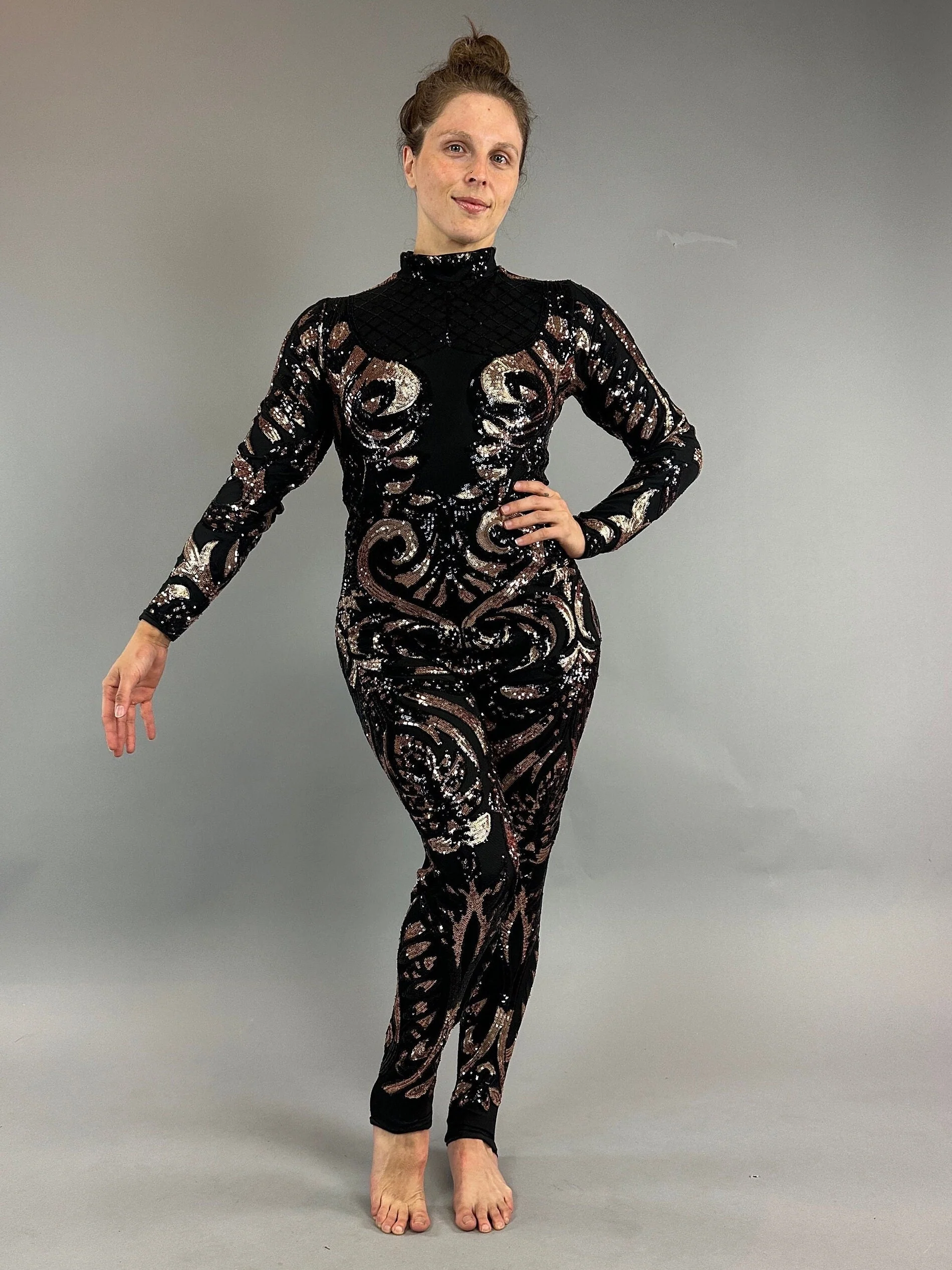 Black Sequin Jumpsuit, Turtleneck, Long Sleeves