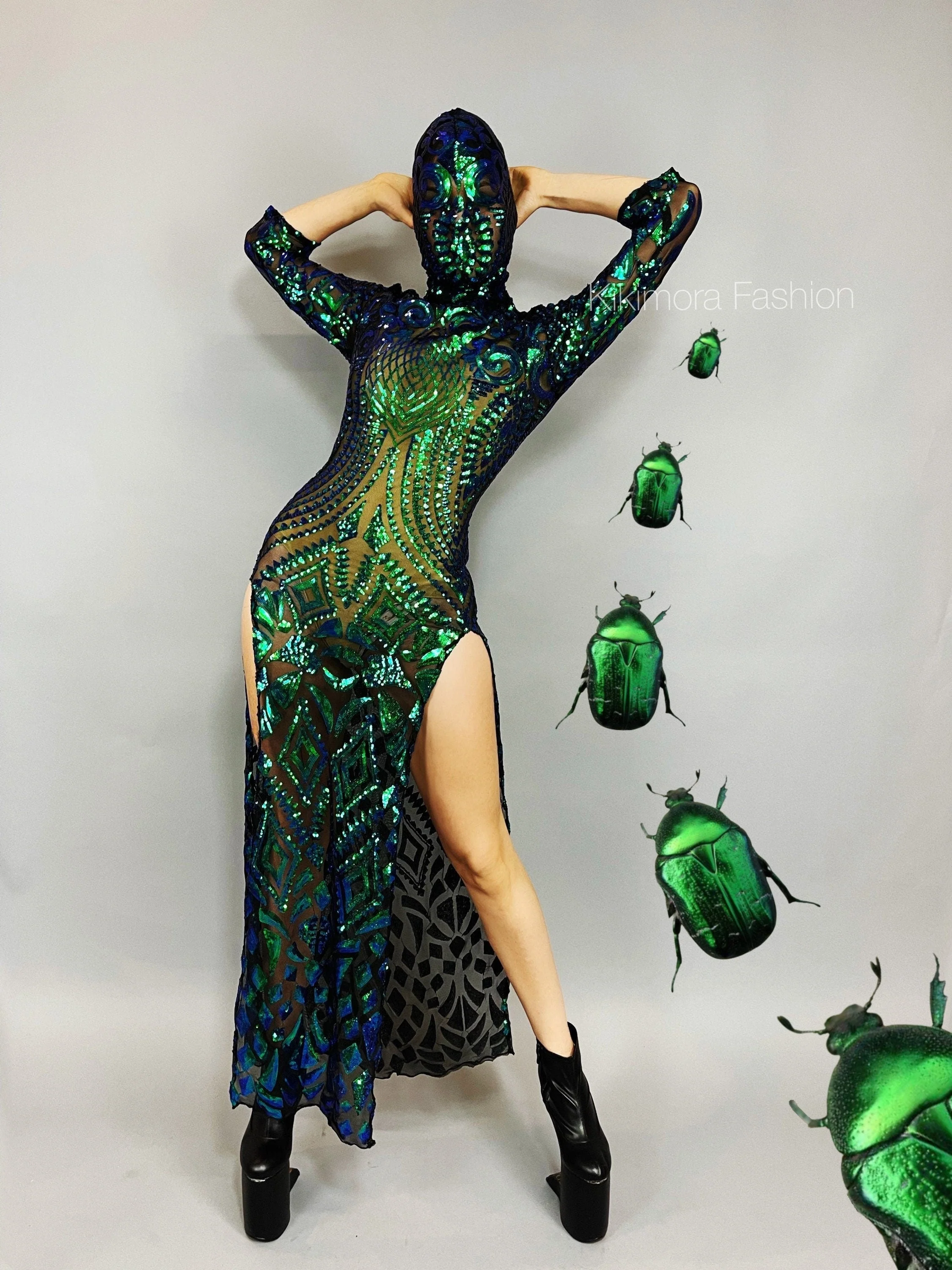 Green Sequin Dress, Alien Headpiece Costume, Futuristic Fashion, Sheer Mesh Gown, Double Slit Dress, Avant-Garde Outfit - Image 8