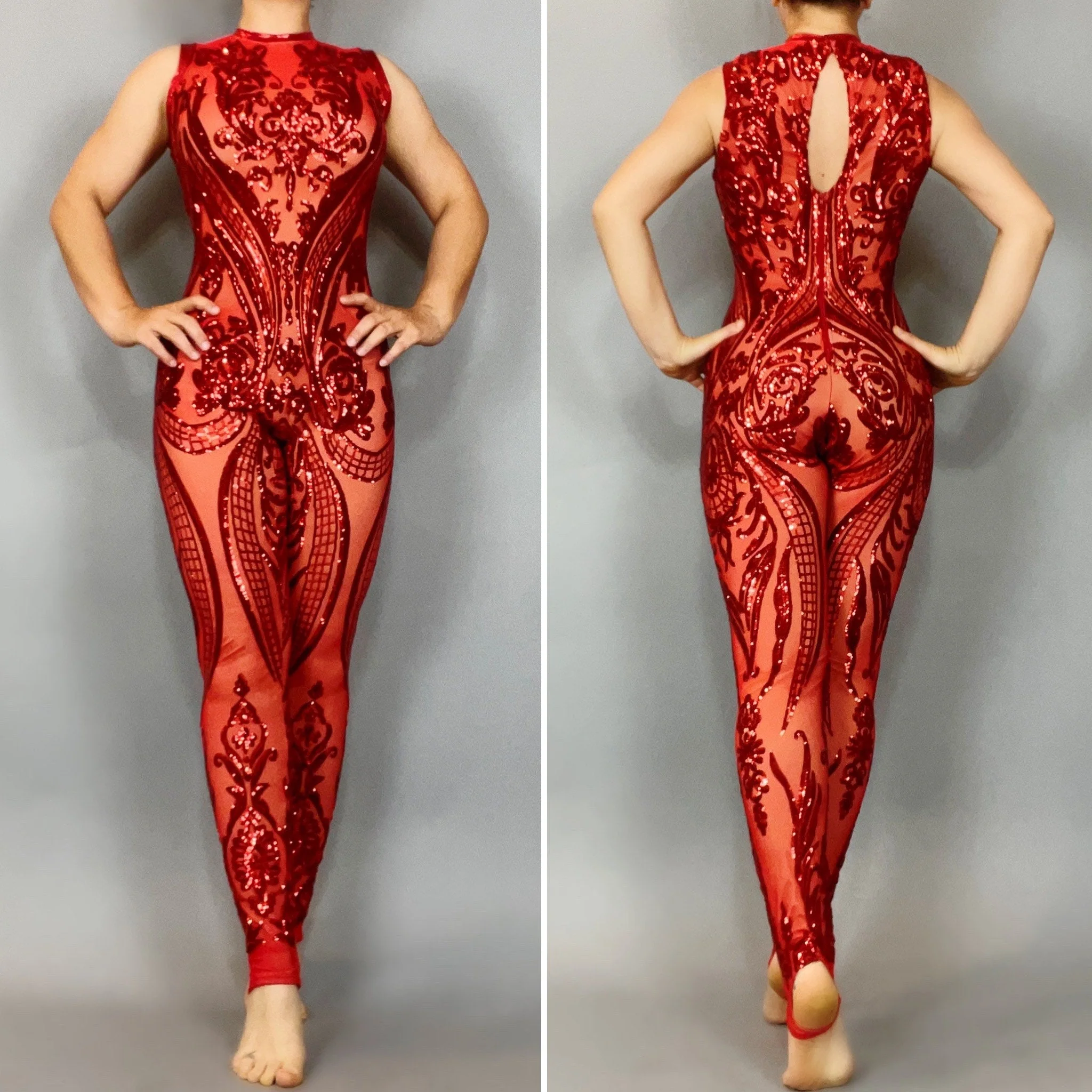 Rose Gold Sequin Sheer Jumpsuit, Bridal Bodysuit, Showgirl Catsuit - Image 10