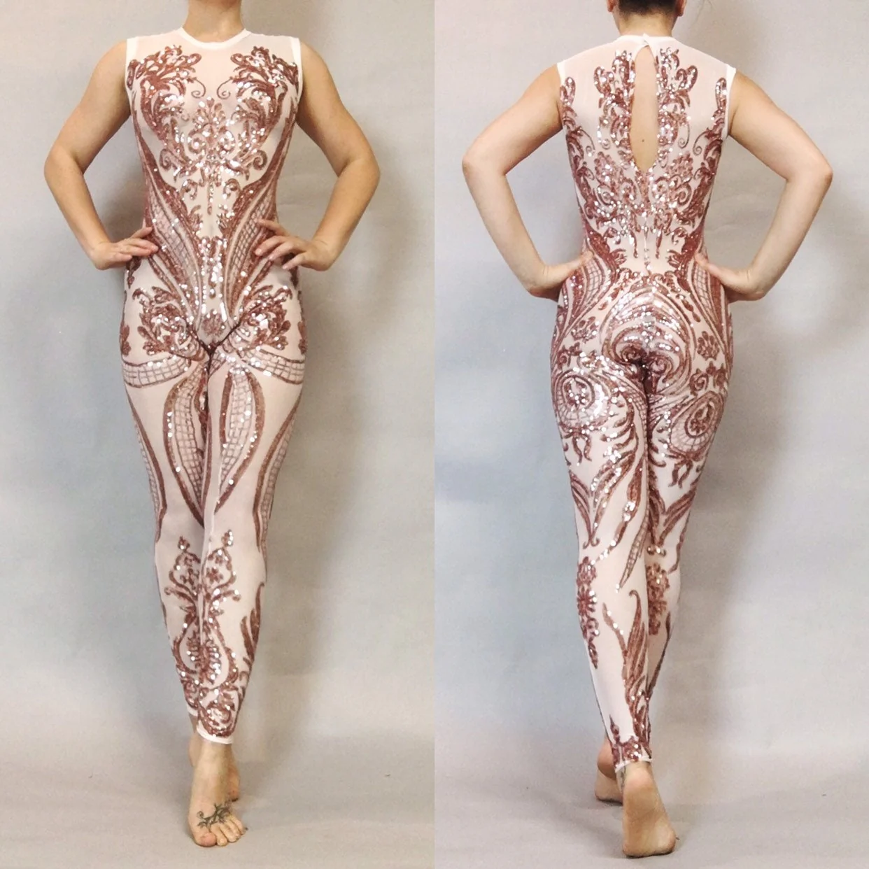 Rose Gold Sequin Sheer Jumpsuit, Bridal Bodysuit, Showgirl Catsuit - Image 2
