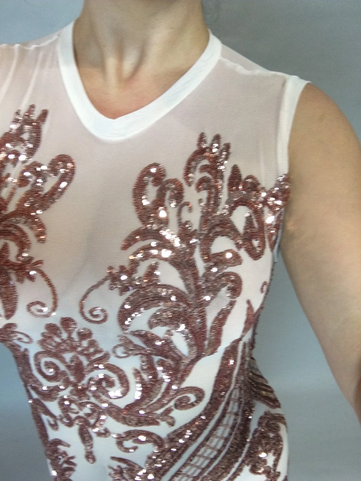 Rose Gold Sequin Sheer Jumpsuit, Bridal Bodysuit, Showgirl Catsuit - Image 3