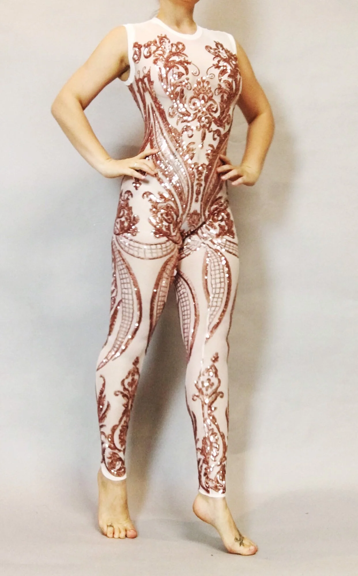 Rose Gold Sequin Sheer Jumpsuit, Bridal Bodysuit, Showgirl Catsuit - Image 5