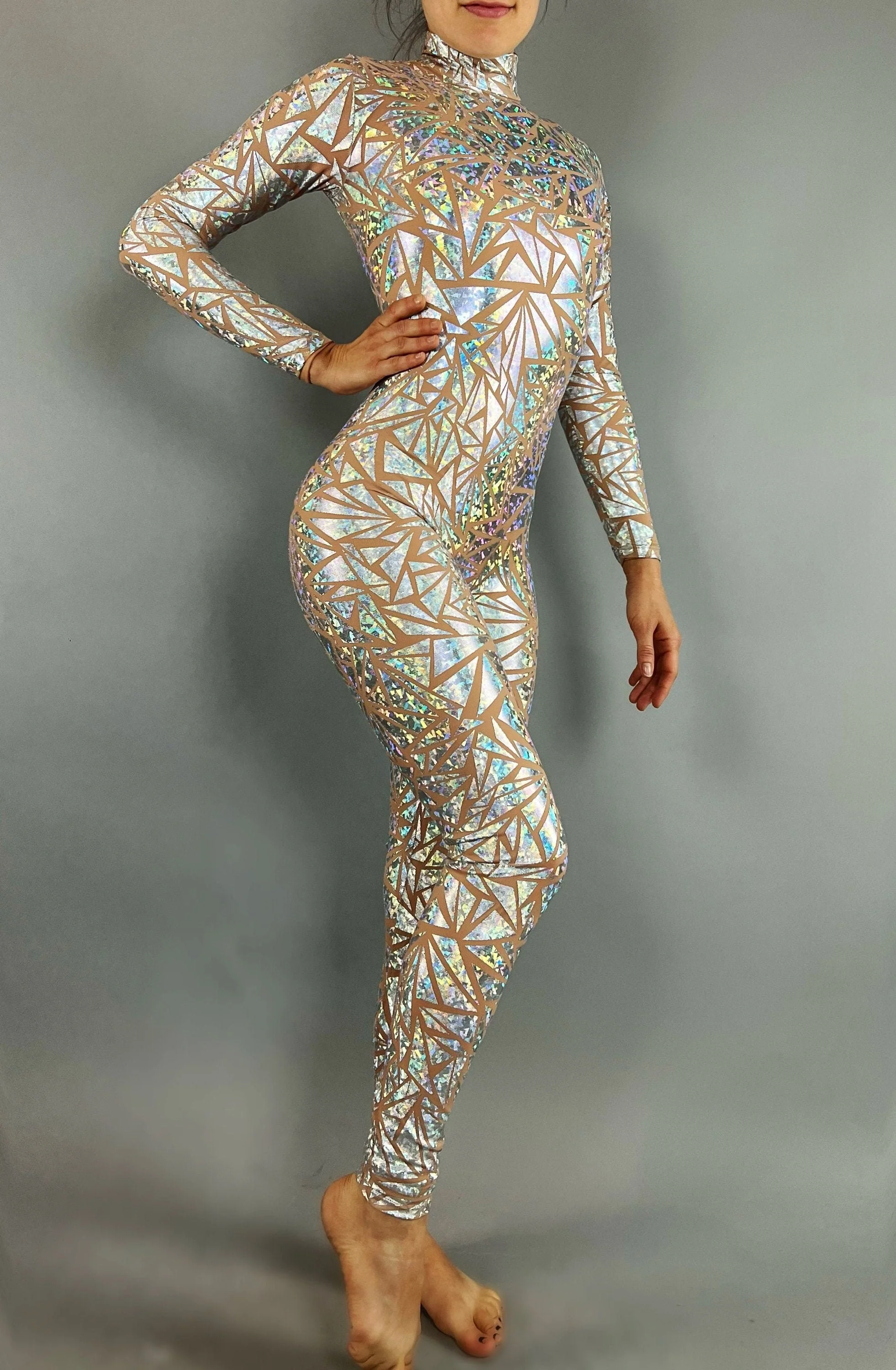 Nude Sheer Mesh Catsuit with Iridescent Geometric Print, 4-Way Stretch Spandex Performance Jumpsuit - Image 4