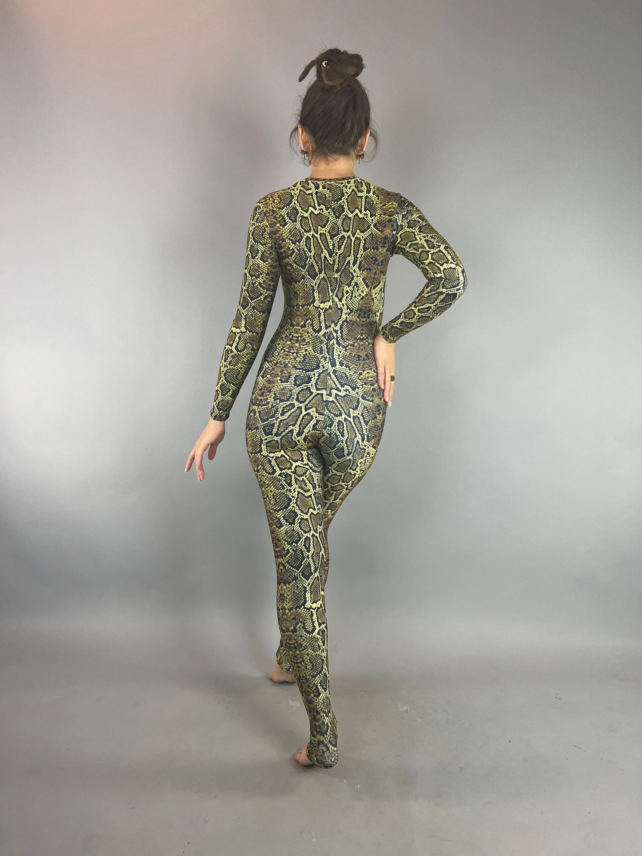 Green Snake Print Jumpsuit, Animal Pattern Catsuit, Long Sleeve Bodysuit, Activewear Unitard, Festival Outfit, Yoga Swimsuit - Image 10