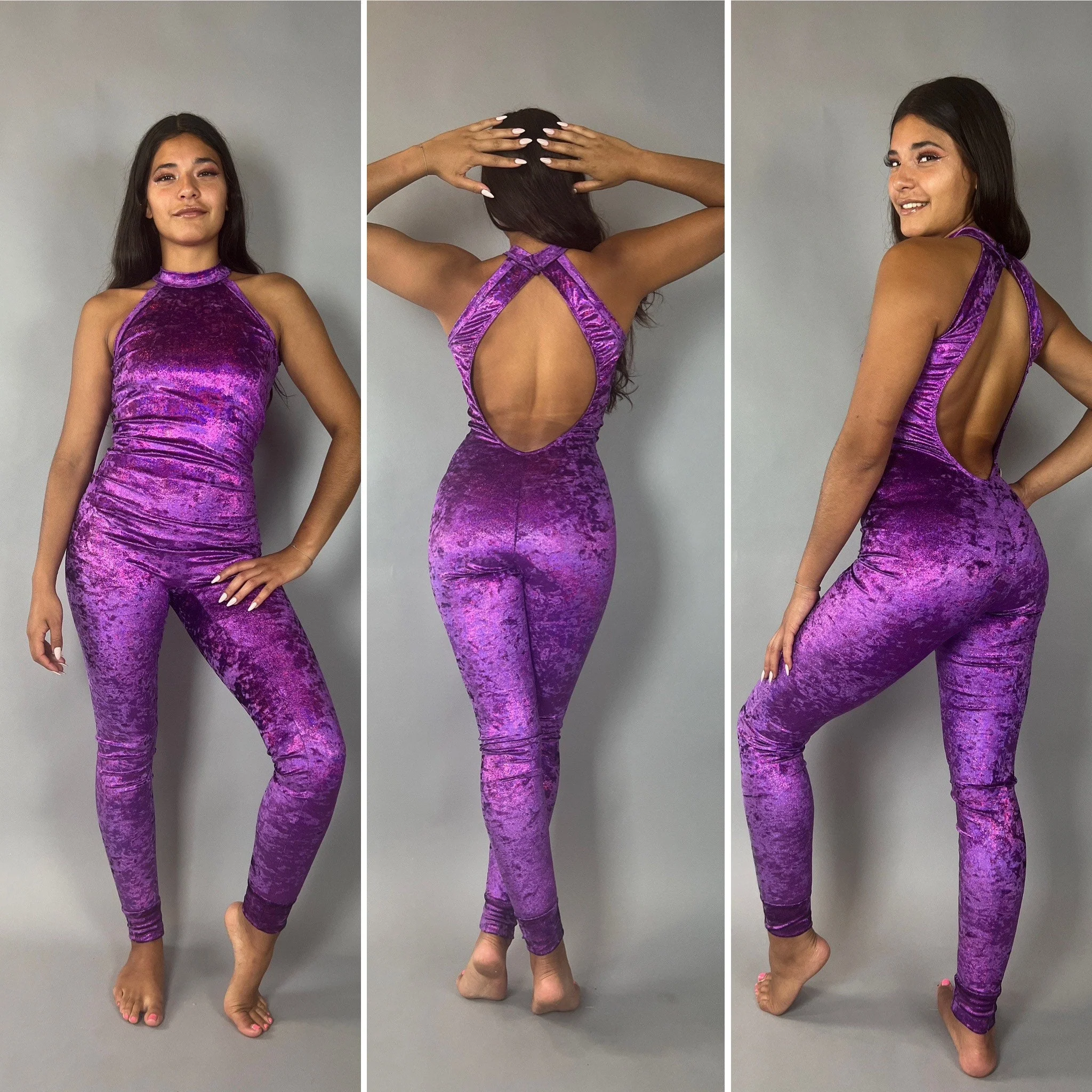 Beautiful Purple Velvet Catsuit, Halterneck, Open-Back, Sleeveless - Image 8