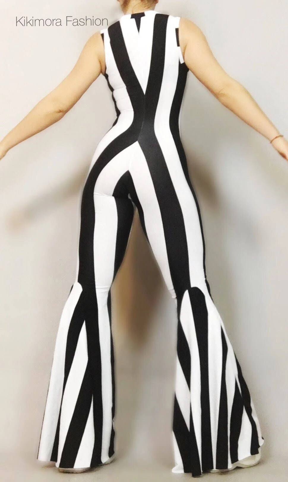 Black and White Stripes Bell Bottom Catsuit, Front Zipper, Sleeveless - Image 4