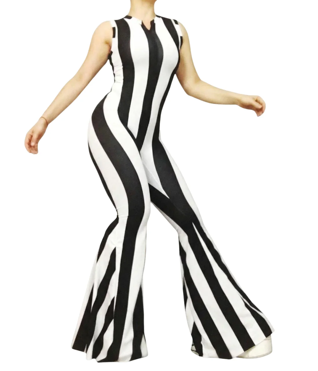 Black and White Stripes Bell Bottom Catsuit, Front Zipper, Sleeveless - Image 9