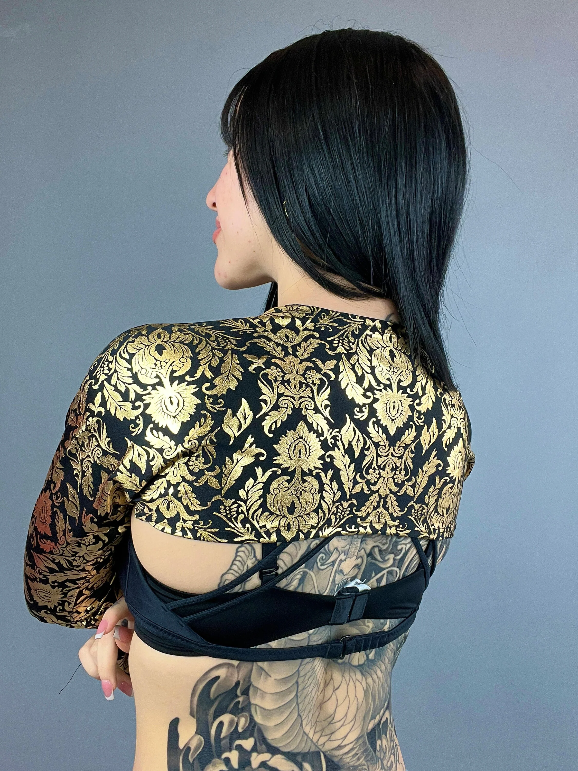 Black and Gold Shrug, Damask Print Arm Sleeves, Floral Spandex Bolero, Festival Fashion Top, Upcycled Fabric, Exotic Dance Wear - Image 4