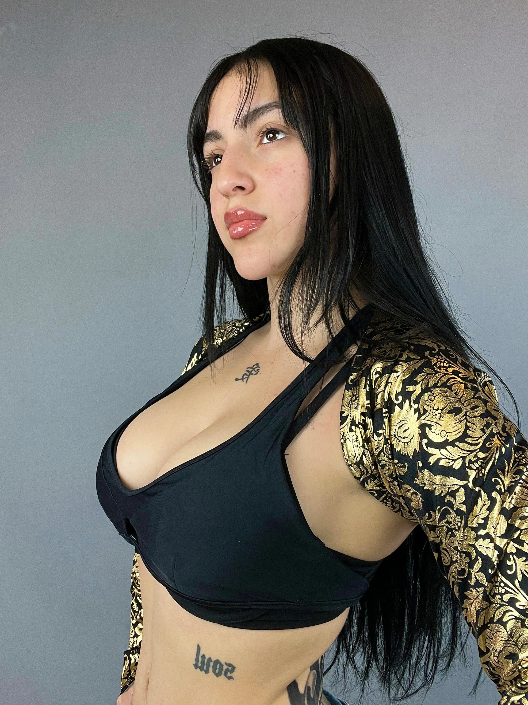 Black and Gold Shrug, Damask Print Arm Sleeves, Floral Spandex Bolero, Festival Fashion Top, Upcycled Fabric, Exotic Dance Wear - Image 5