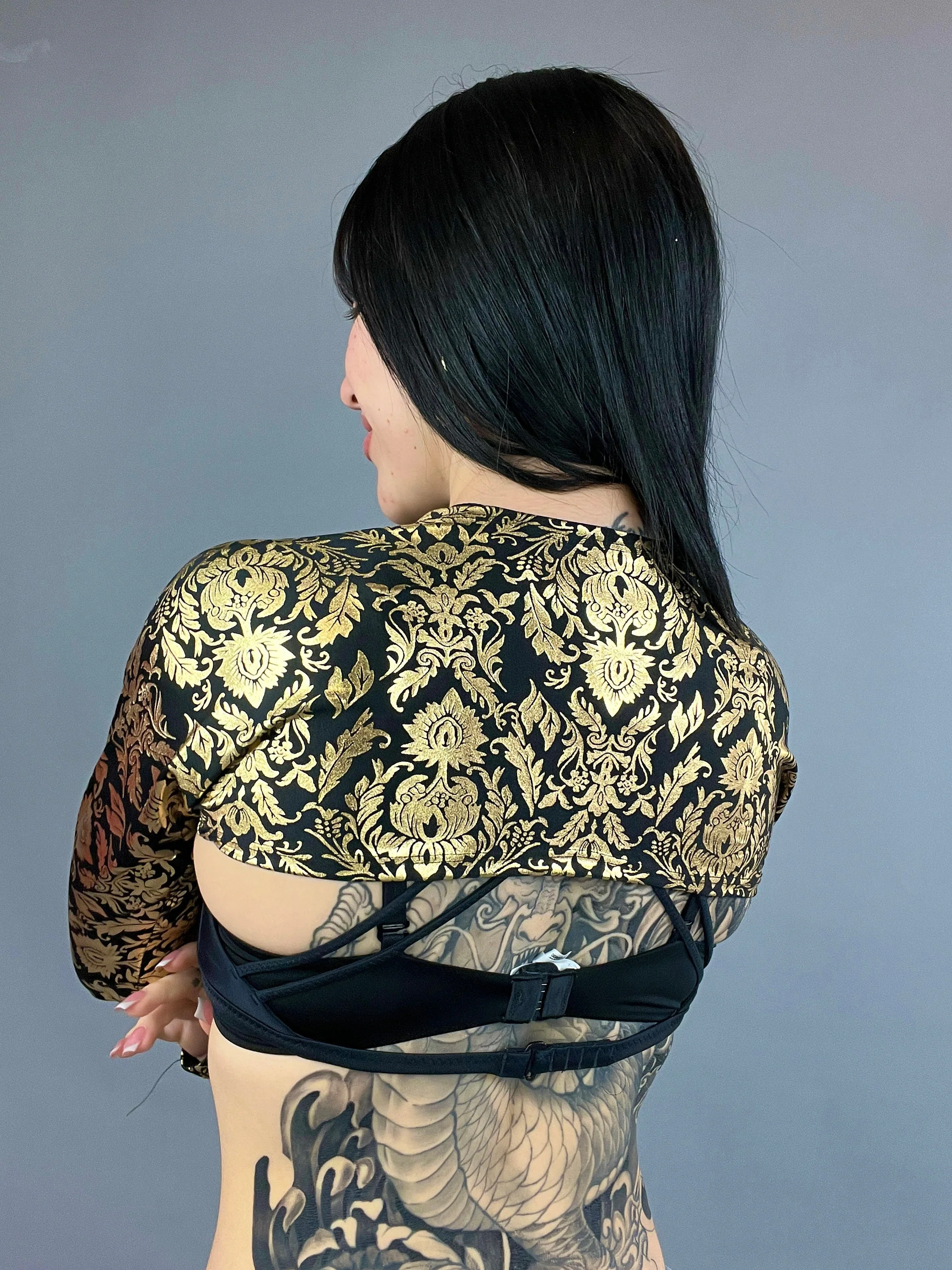 Black and Gold Shrug, Damask Print Arm Sleeves, Floral Spandex Bolero, Festival Fashion Top, Upcycled Fabric, Exotic Dance Wear - Image 9