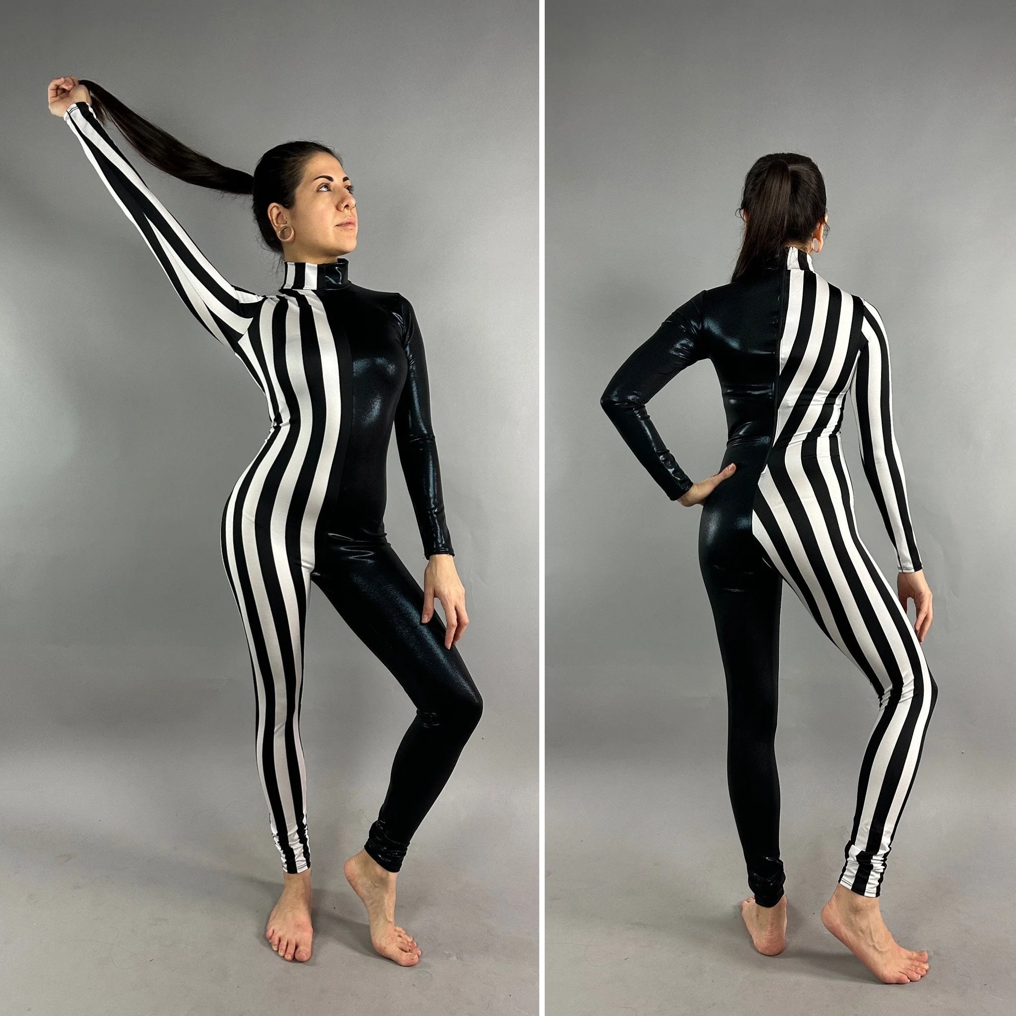 Black and White Split Fabric Catsuit Jumpsuit, Full Sleeves, Turtleneck - Image 4