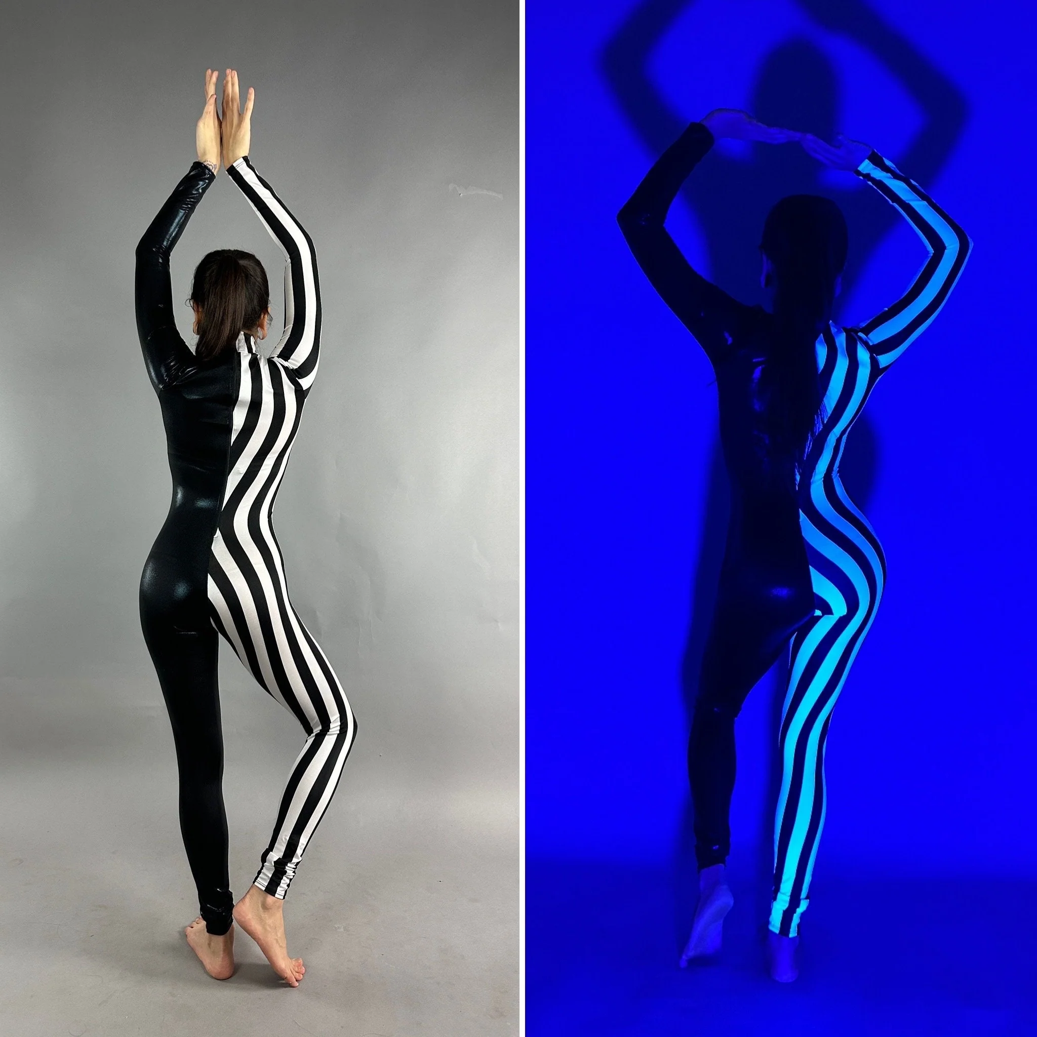 Black and White Split Fabric Catsuit Jumpsuit, Full Sleeves, Turtleneck - Image 5