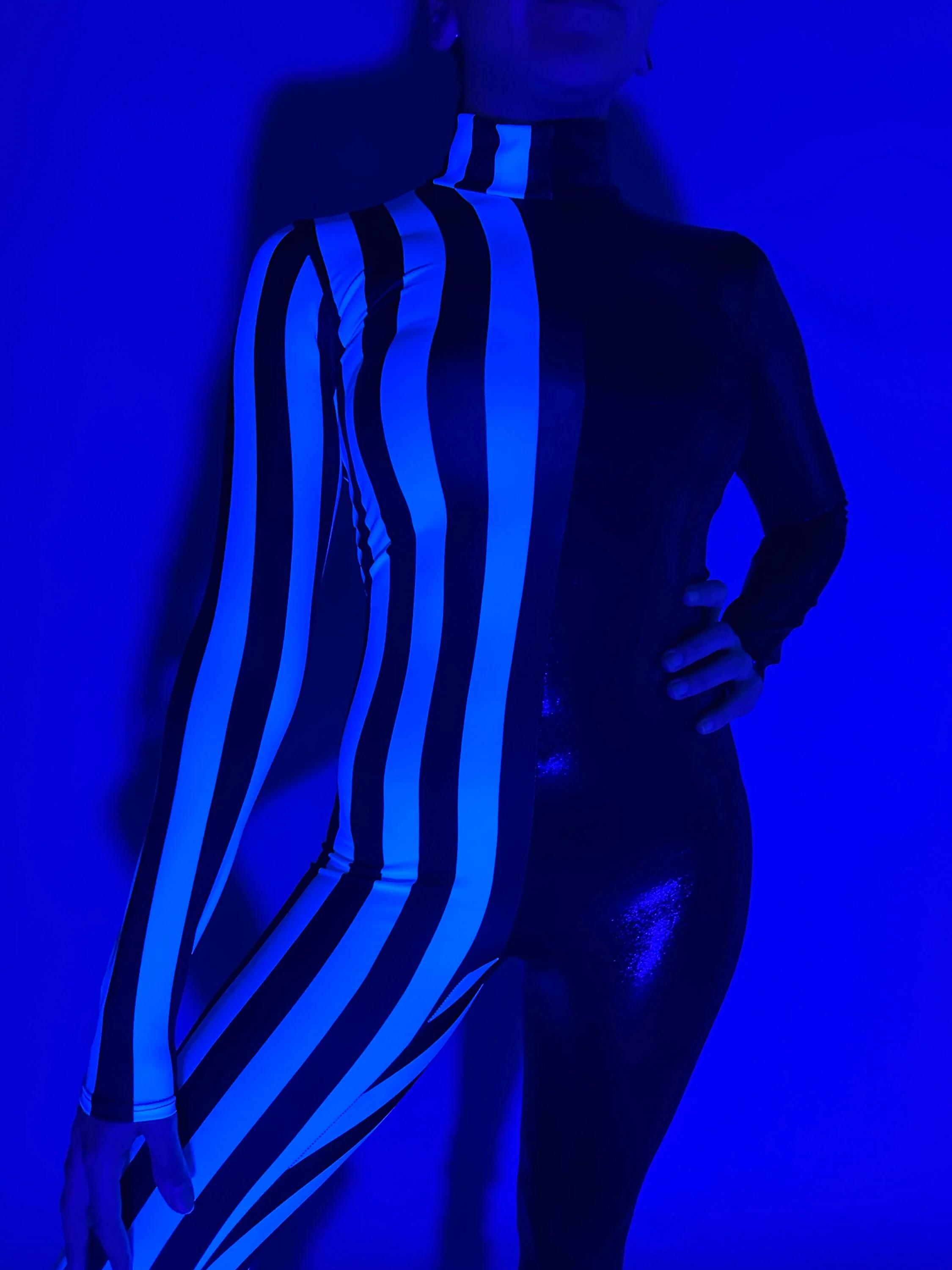 Black and White Split Fabric Catsuit Jumpsuit, Full Sleeves, Turtleneck - Image 9