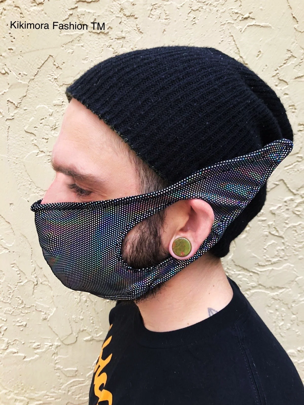 Black Iridescent Elf Ears Mask, Holographic Alien Face Cover, Pointed Ear Costume Accessory, Reusable Sci-Fi Mask, Funny Face Covering - Image 3