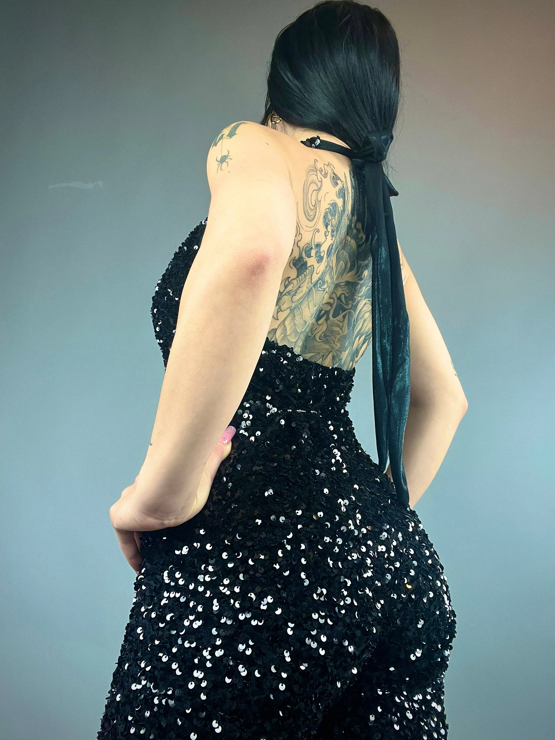 Black Swan Sequin Disco Jumpsuit with Flared Legs, V-Neck Halter Open Back Performance Spandex Party Costume - Image 3