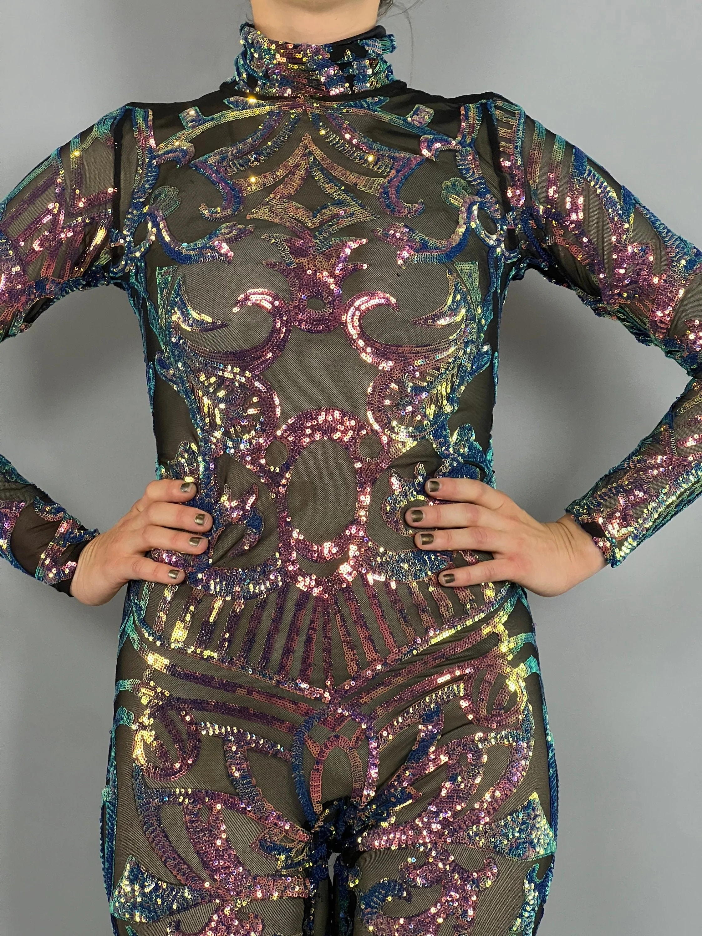 Iridescent Sequin Jumpsuit, Sheer Mesh Catsuit, Long Sleeve Bodysuit, Futuristic Costume, Exotic Dancewear, Black Unicorn Unitard