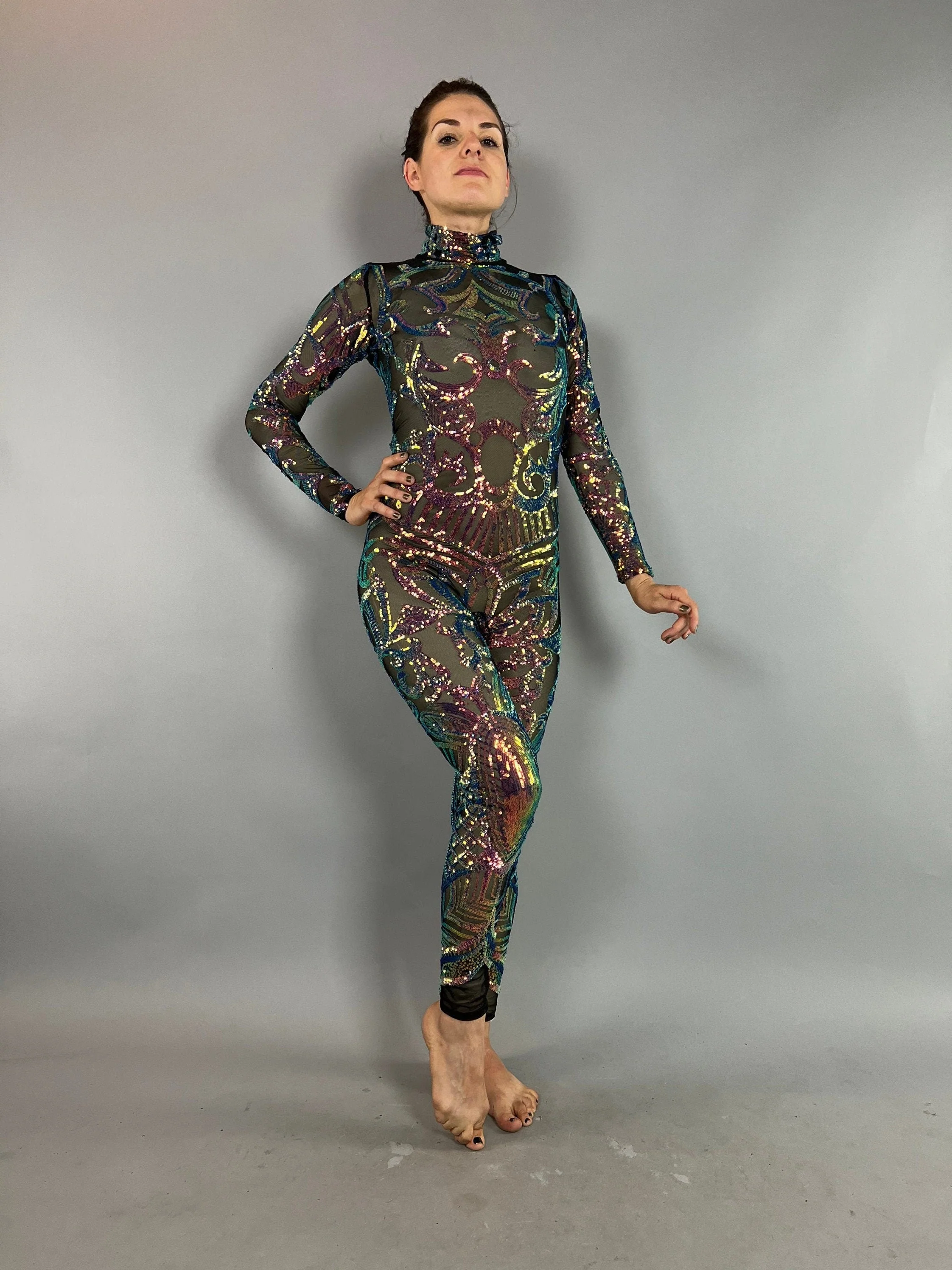 Iridescent Sequin Jumpsuit, Sheer Mesh Catsuit, Long Sleeve Bodysuit, Futuristic Costume, Exotic Dancewear, Black Unicorn Unitard - Image 4