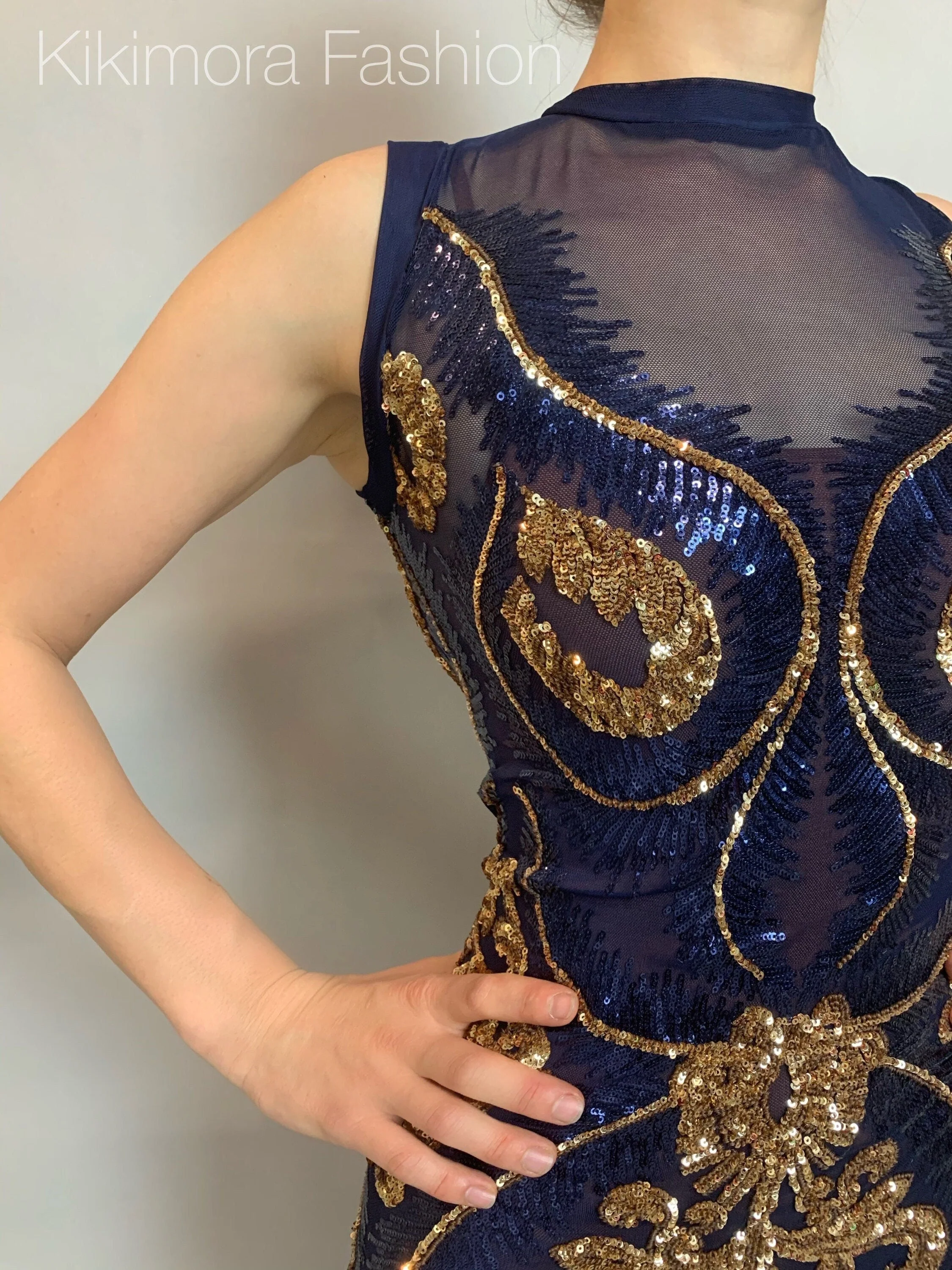 Blue And Gold Sequin Catsuit, Sleeveless, Mock Turtleneck - Image 5