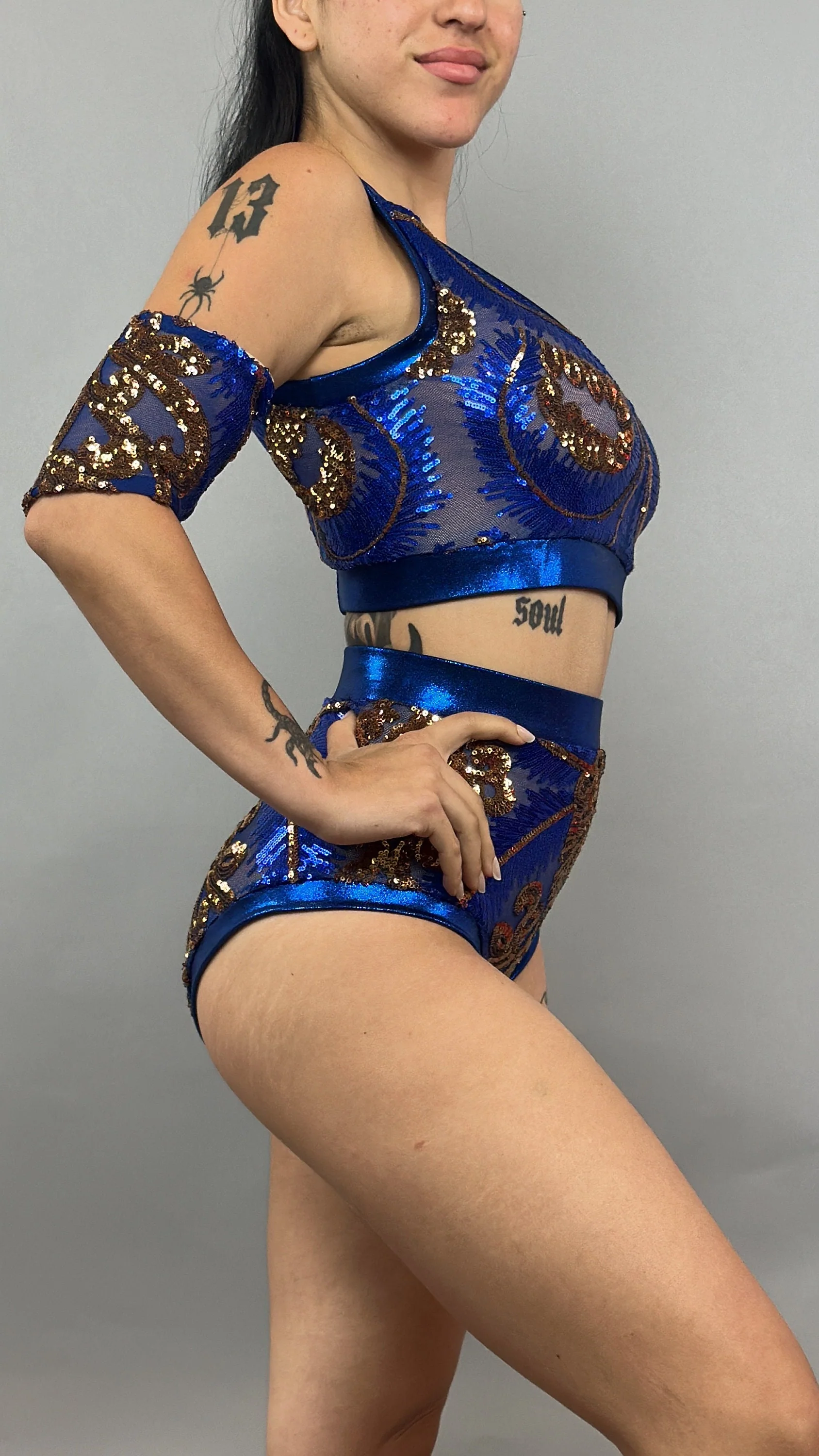 Blue and Gold Sequin Crop Top and Shorts Set, 4 Way Stretch Mesh Fabric, Two Piece Performance Outfit with Arm Sleeves - Image 2